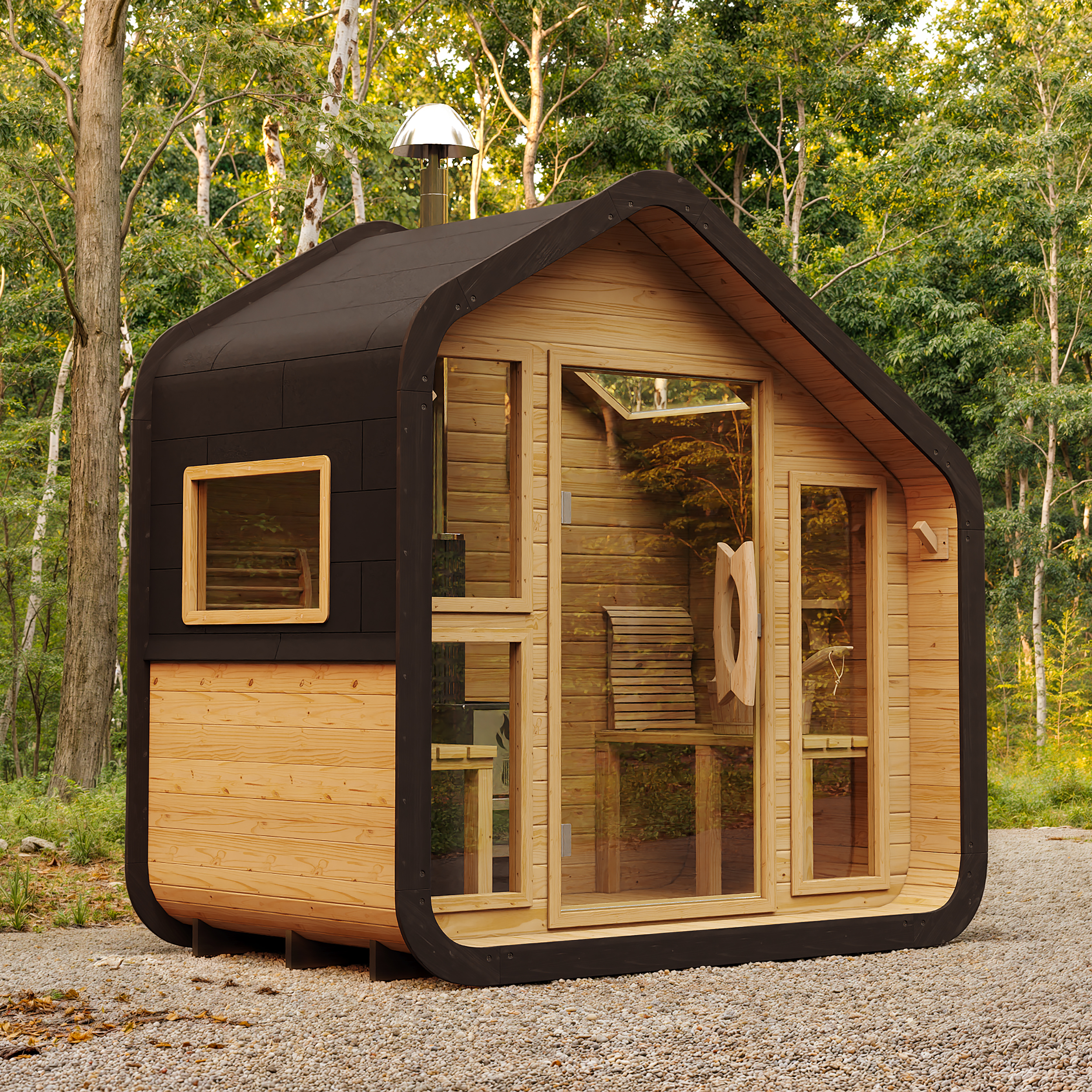 Sauna rústica de madera al aire libre con toldo en el porche delantero para 2 personas