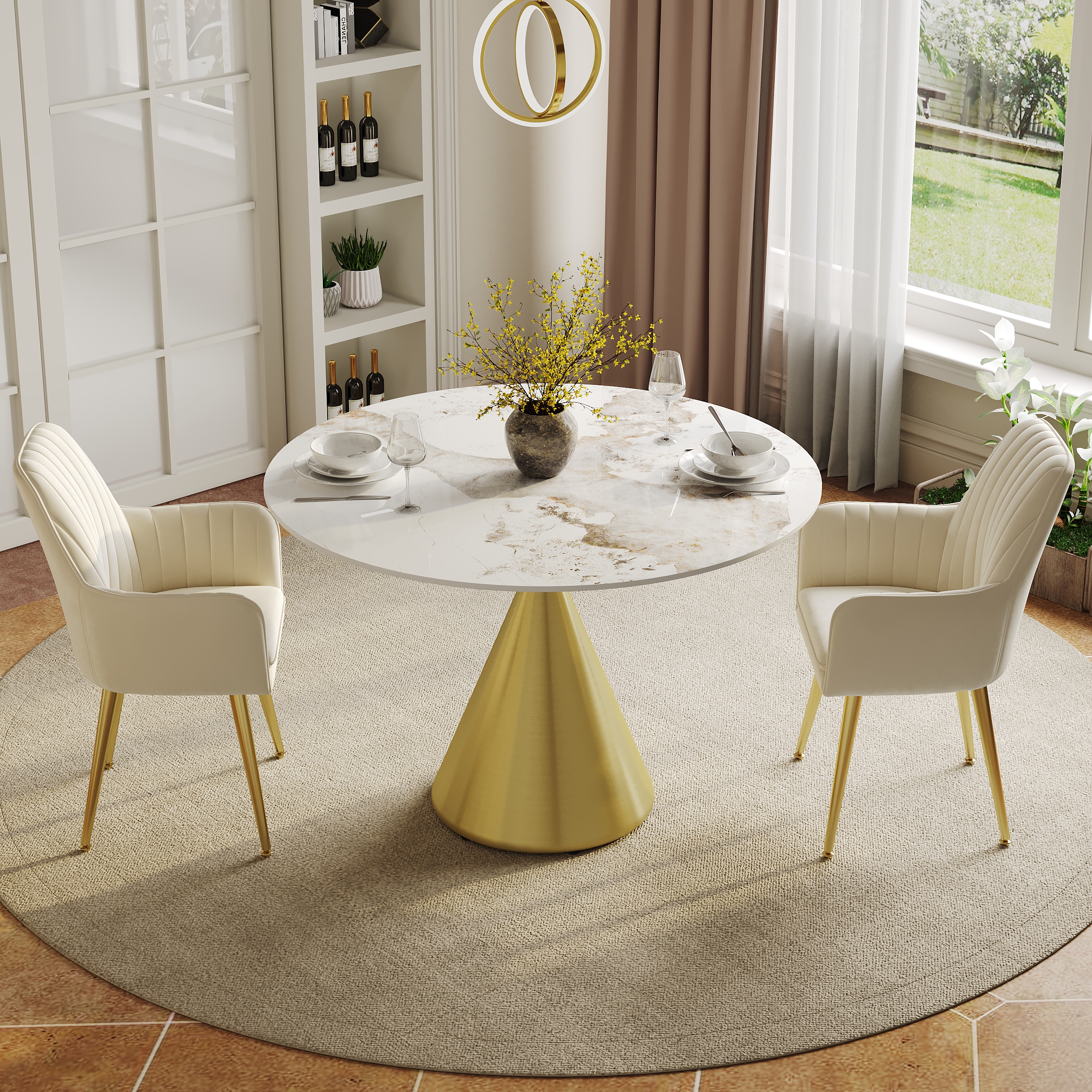 39" Pandora Faux Marble Round Dining Table Set with Glossy Gold Base for 2 People