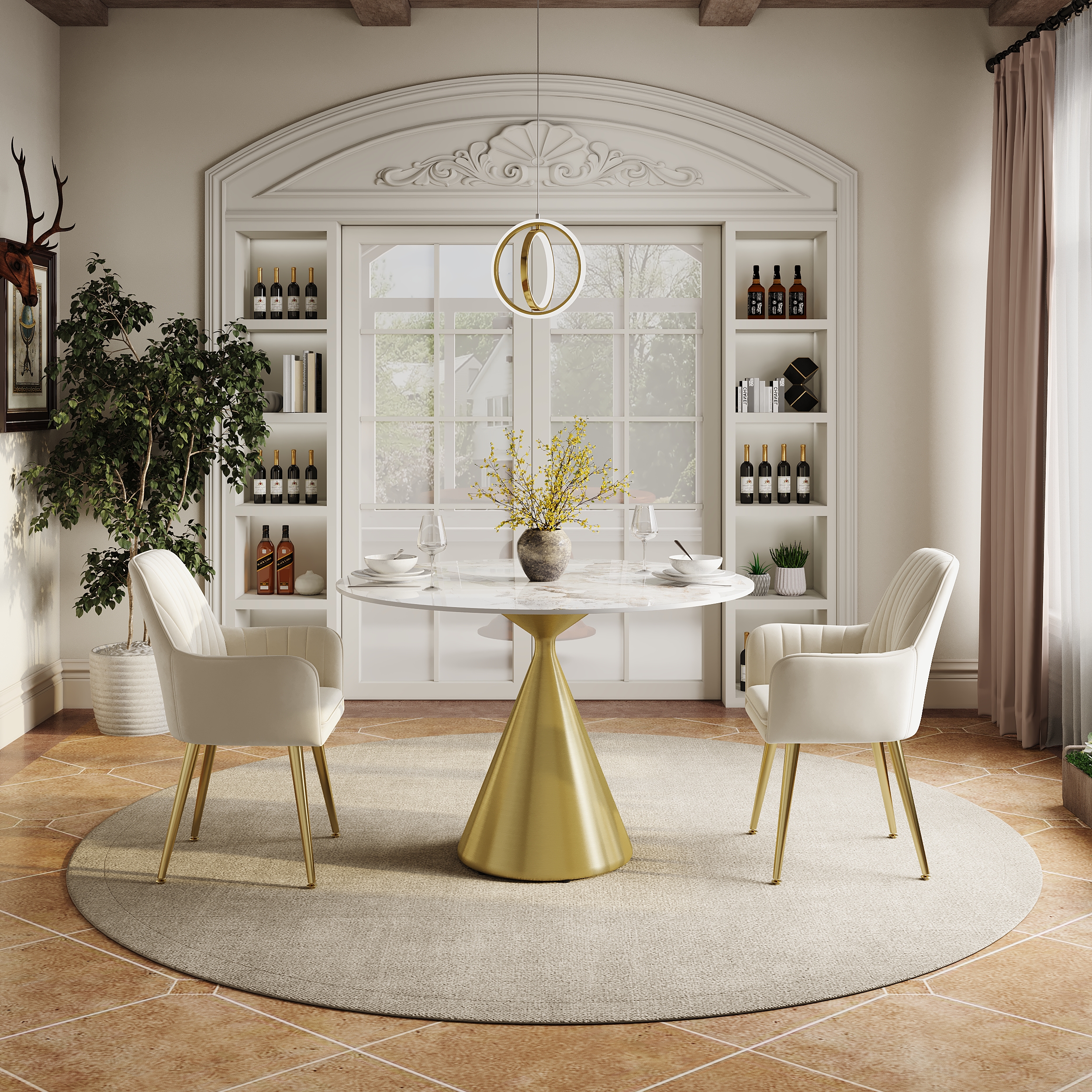 39" Pandora Faux Marble Round Dining Table Set with Glossy Gold Base for 2 People