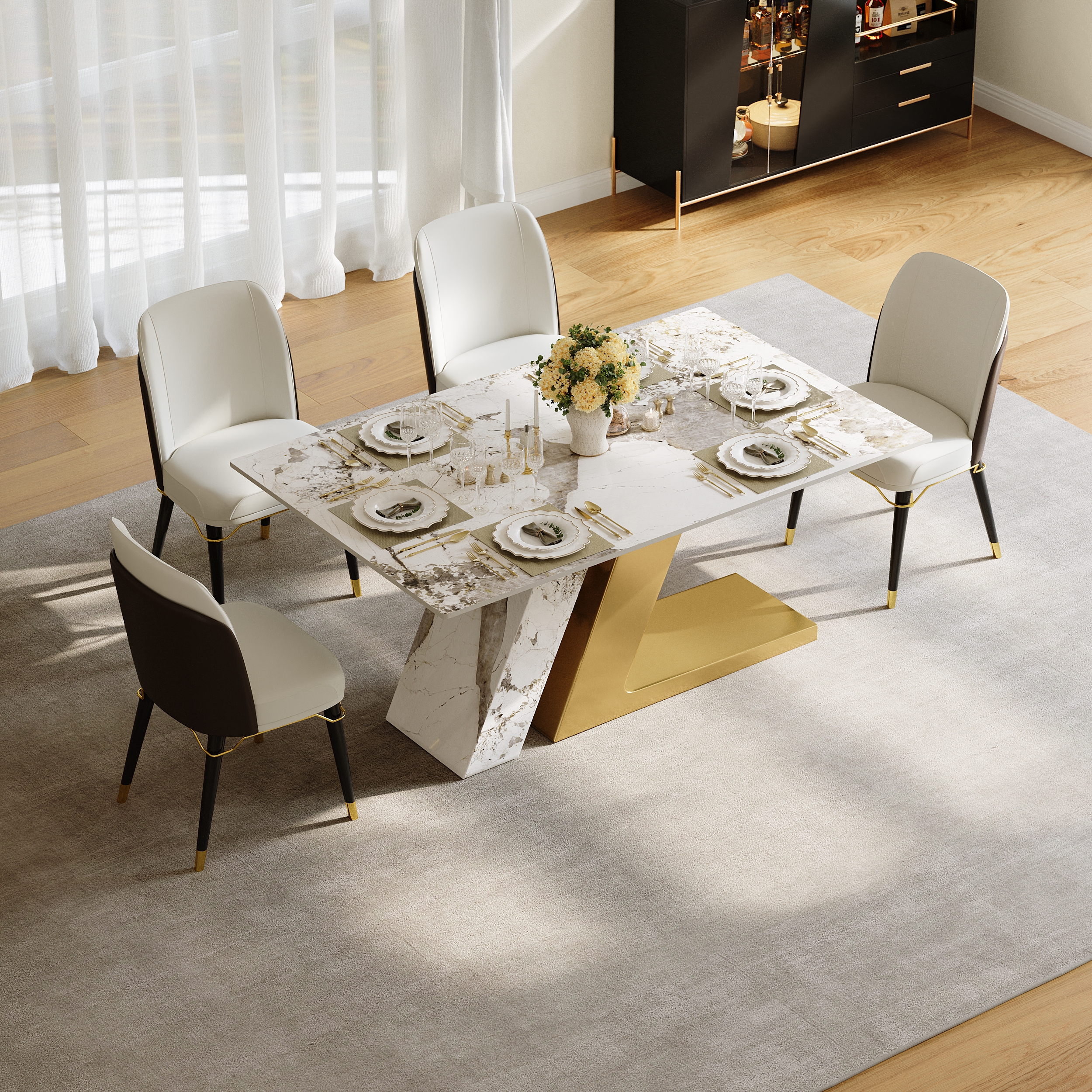 Modern 63" Rectangle Faux Marble Dining Table with 4 Chairs in Gold