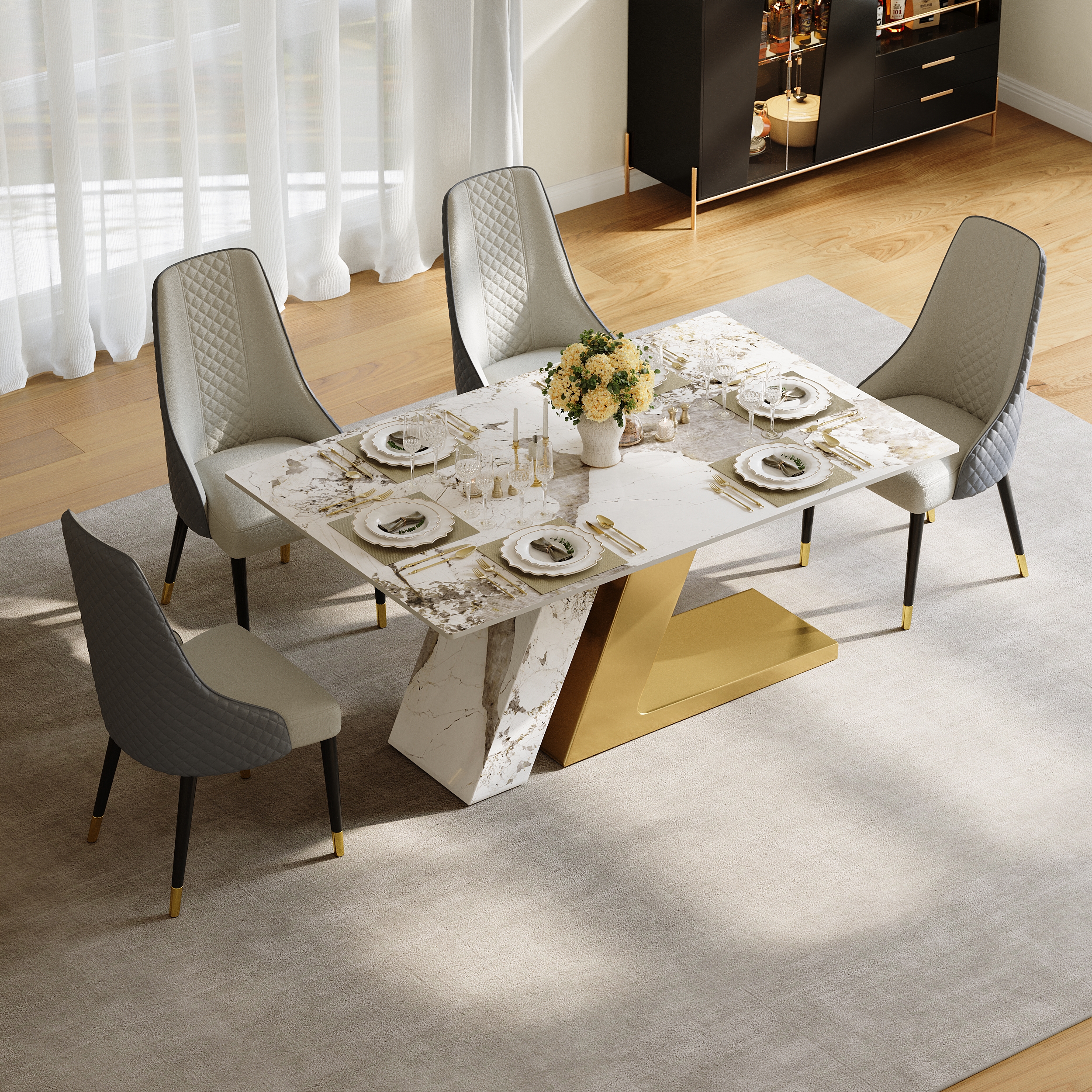 Moderna mesa de comedor rectangular de piedra sinterizada de 1600 mm con 4 sillas en dorado