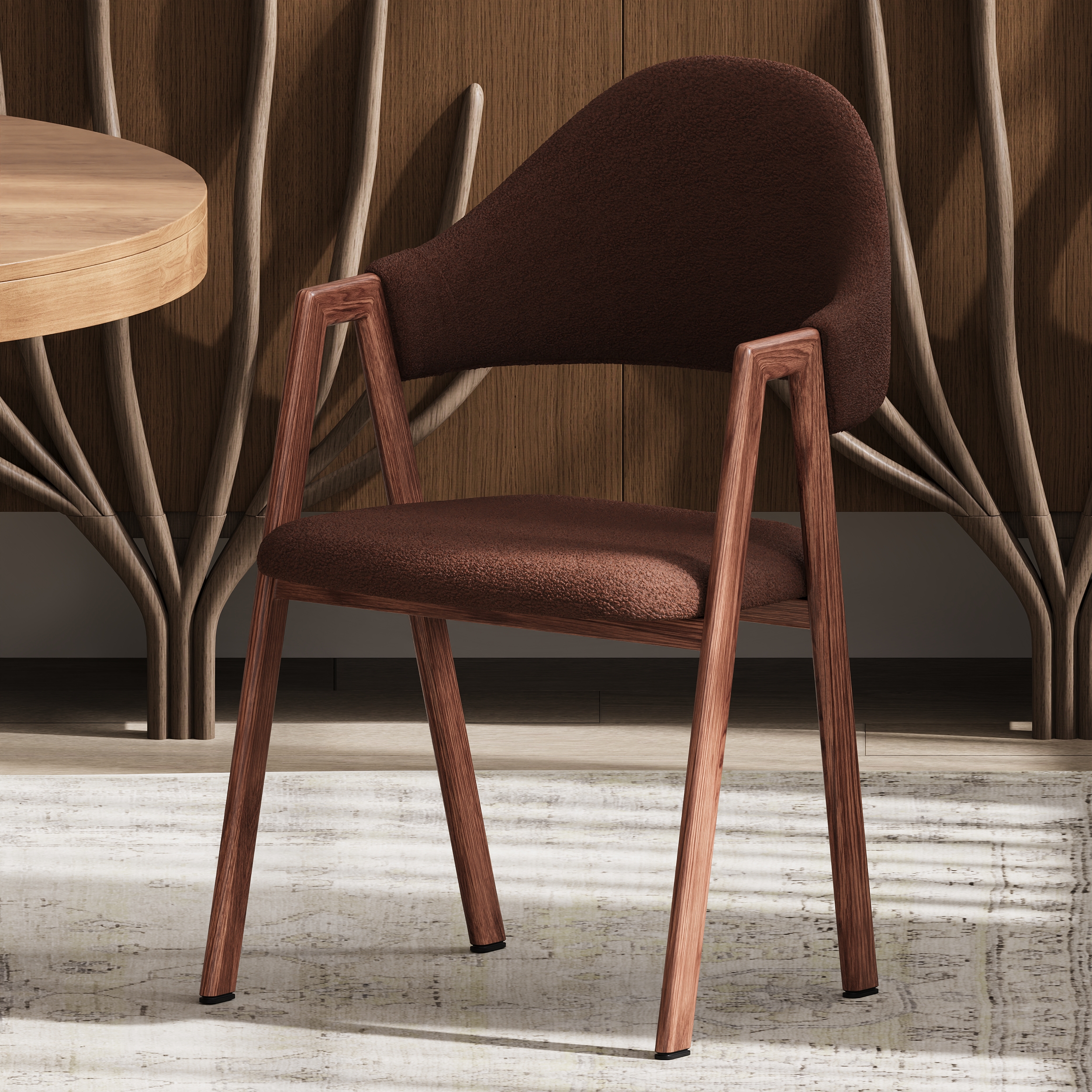 Juego de 2 sillas de comedor tipo boucle tapizadas con respaldo curvo, modernas sillas de comedor marrones