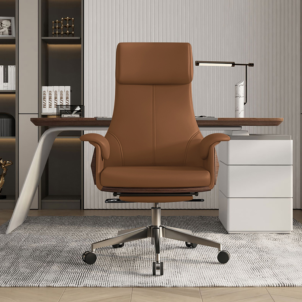 Reclining Leather Office Desk Chair High Back Adjustable Swivel Brown Executive Chair