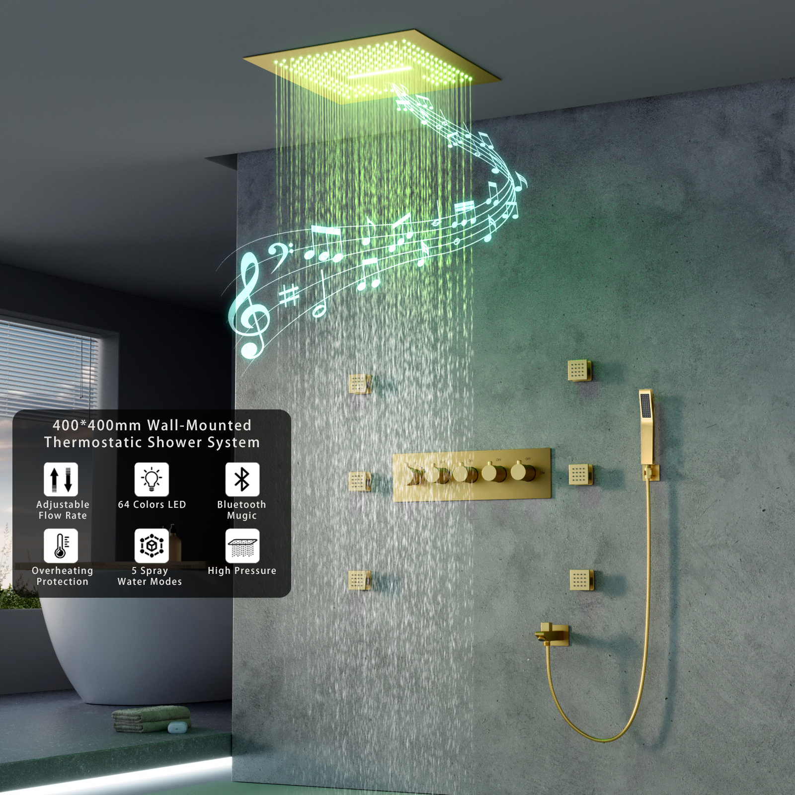 Ceiling-Mounted 16" Shower System in Brushed Gold 4-Function Thermostatic with Handheld Shower