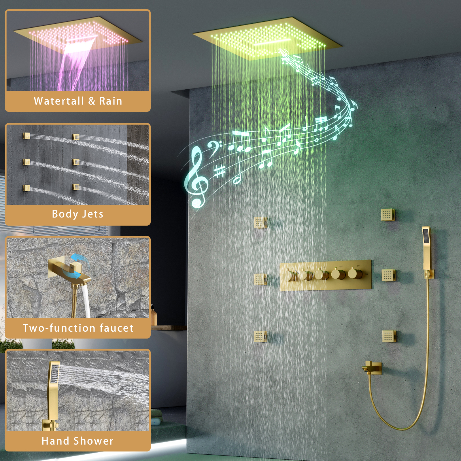 Ceiling-Mounted 16" Shower System in Brushed Gold 4-Function Thermostatic with Handheld Shower