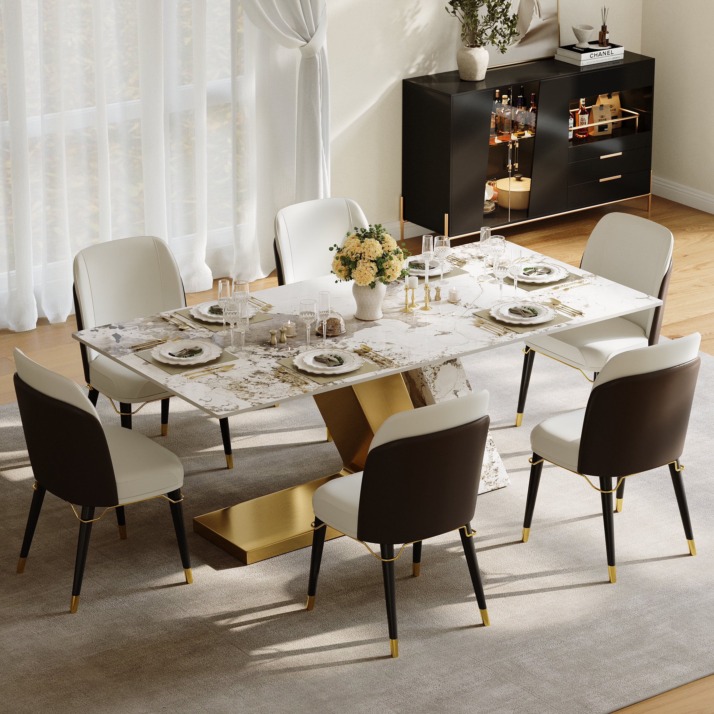 Luxotic 70.9" Rectangle Modern Faux Marble Top Dining Table with 6 Chairs