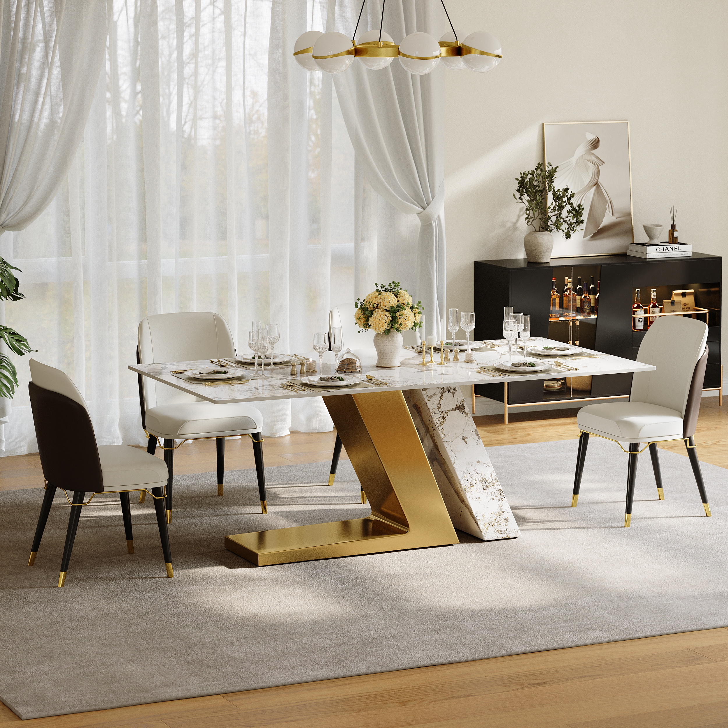 Modern 79" Rectangle Sintered Stone Dining Table with 6 Chairs in Gold