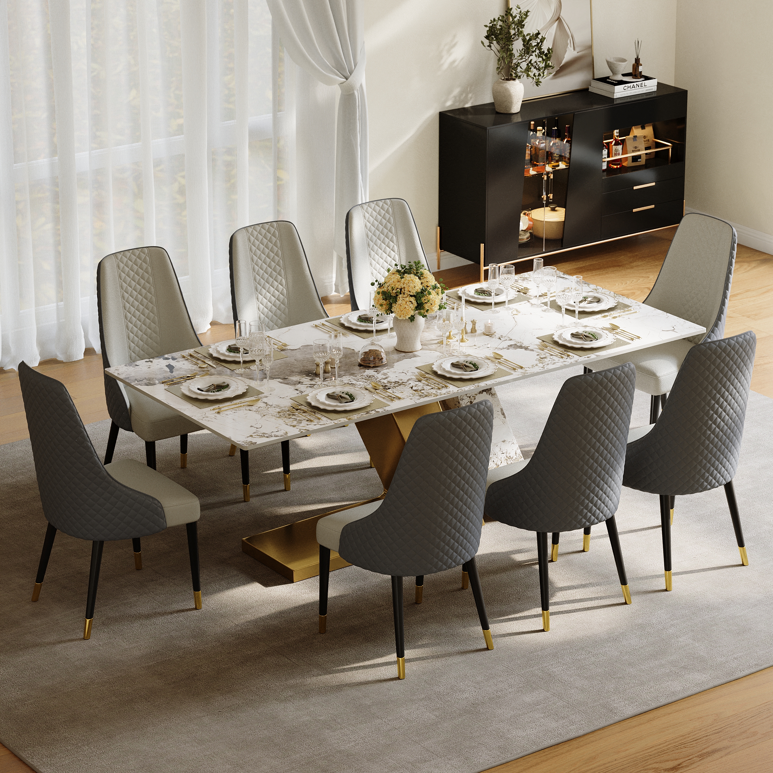 Modern 87" Rectangle Faux Marble Dining Table with 8 Chairs in Gold