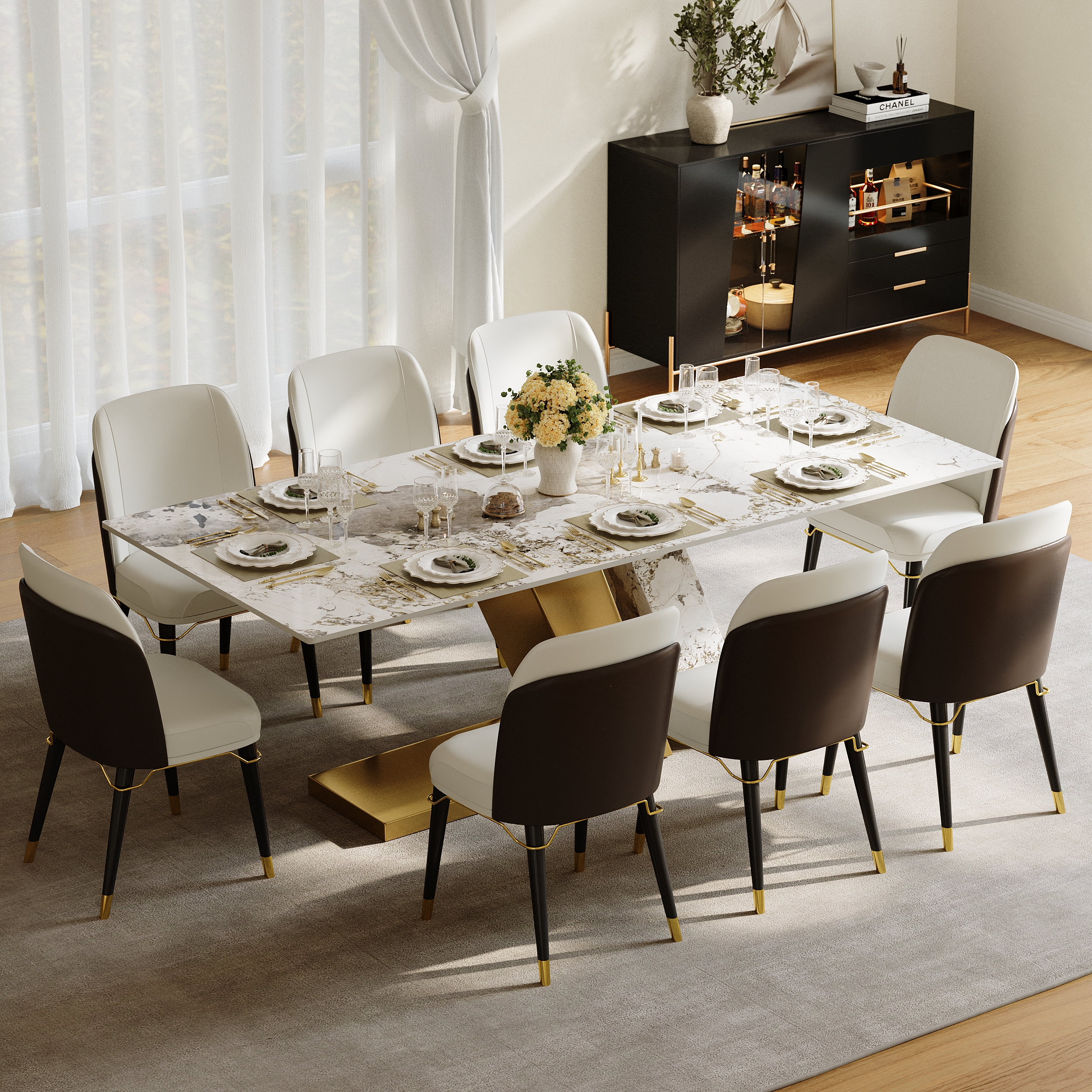 Modern 87" Rectangle Faux Marble Dining Table with 8 Chairs in Gold