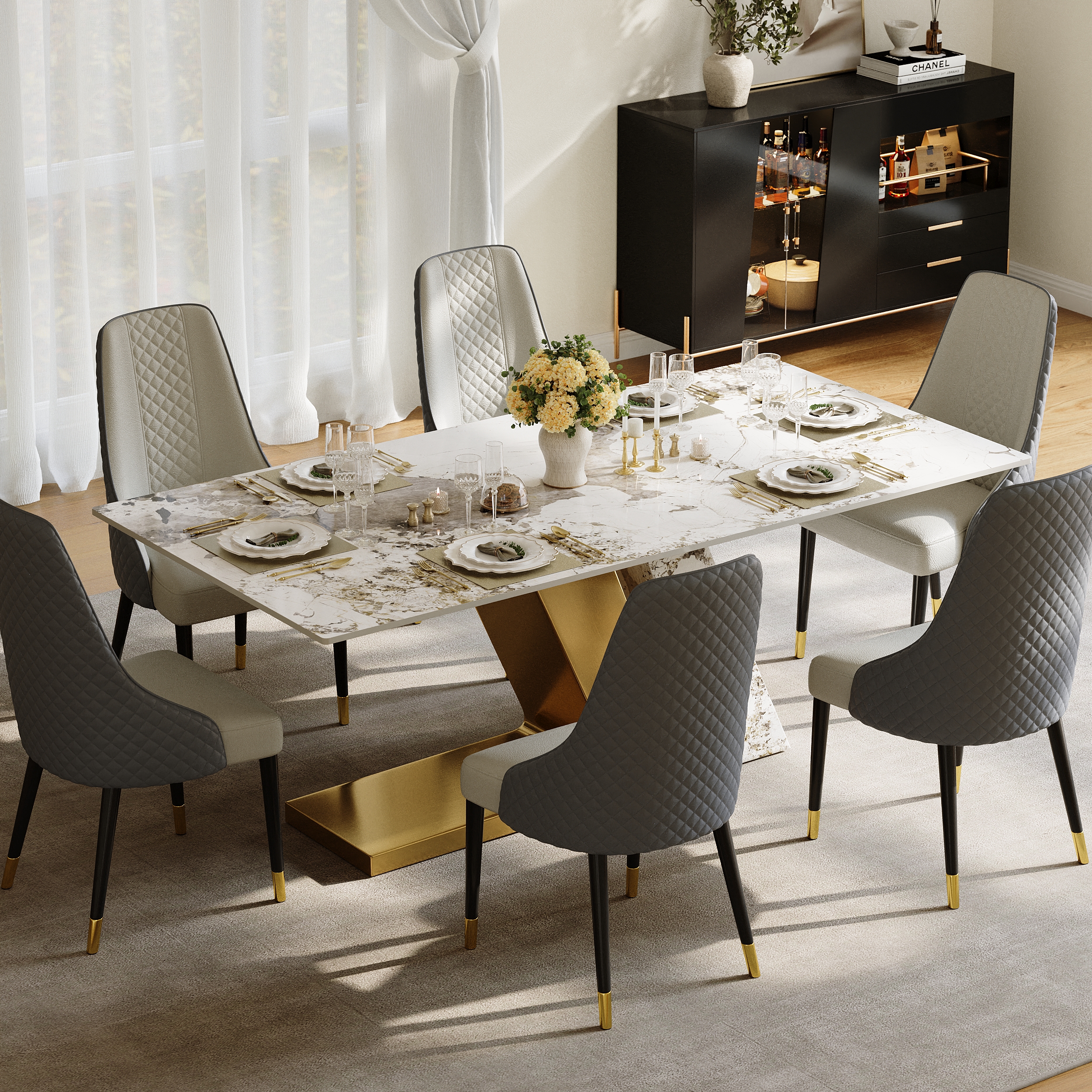 Modern 79" Rectangle Faux Marble Dining Table with 6 Chairs in Gold