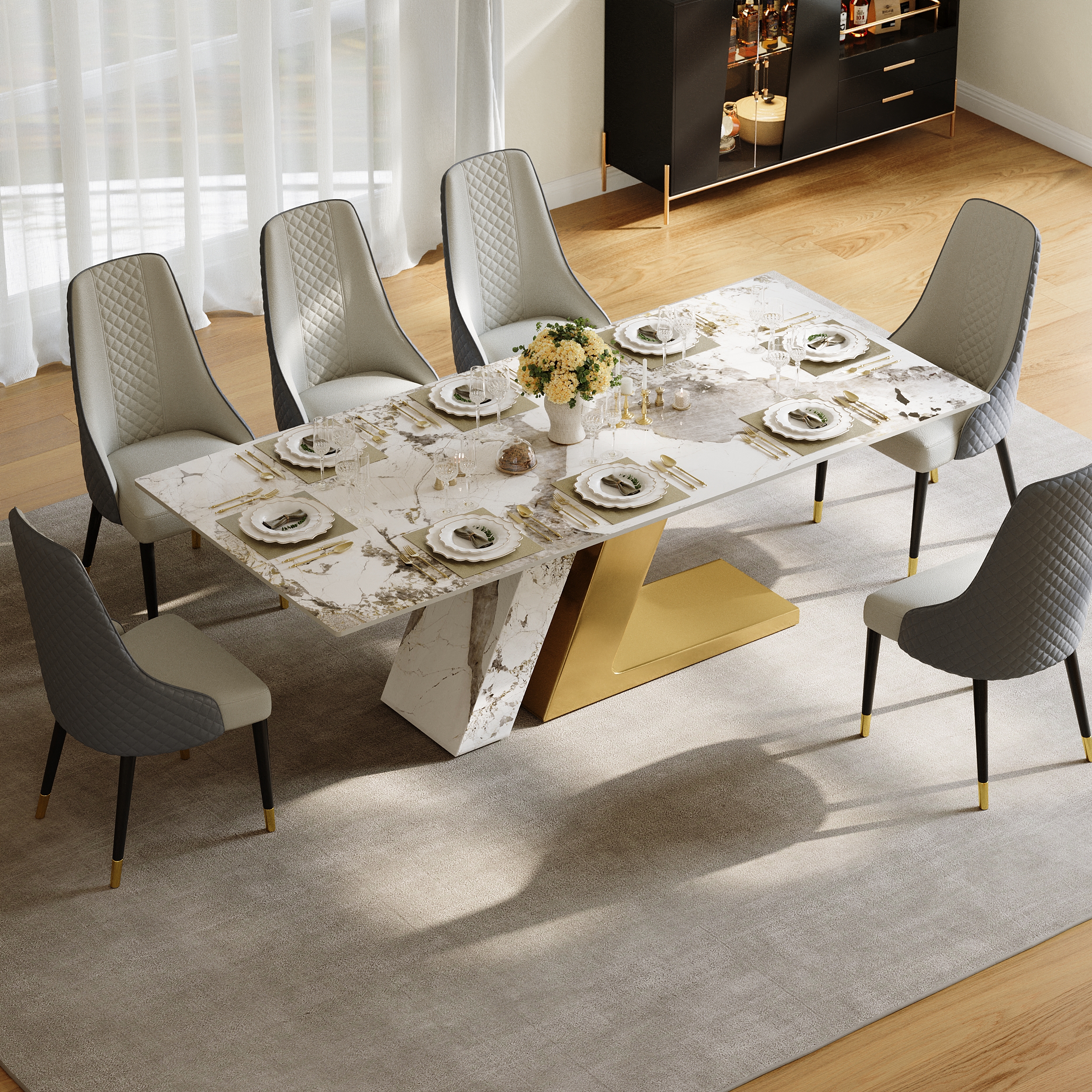 Modern 87" Rectangle Faux Marble Dining Table with 8 Chairs in Gold