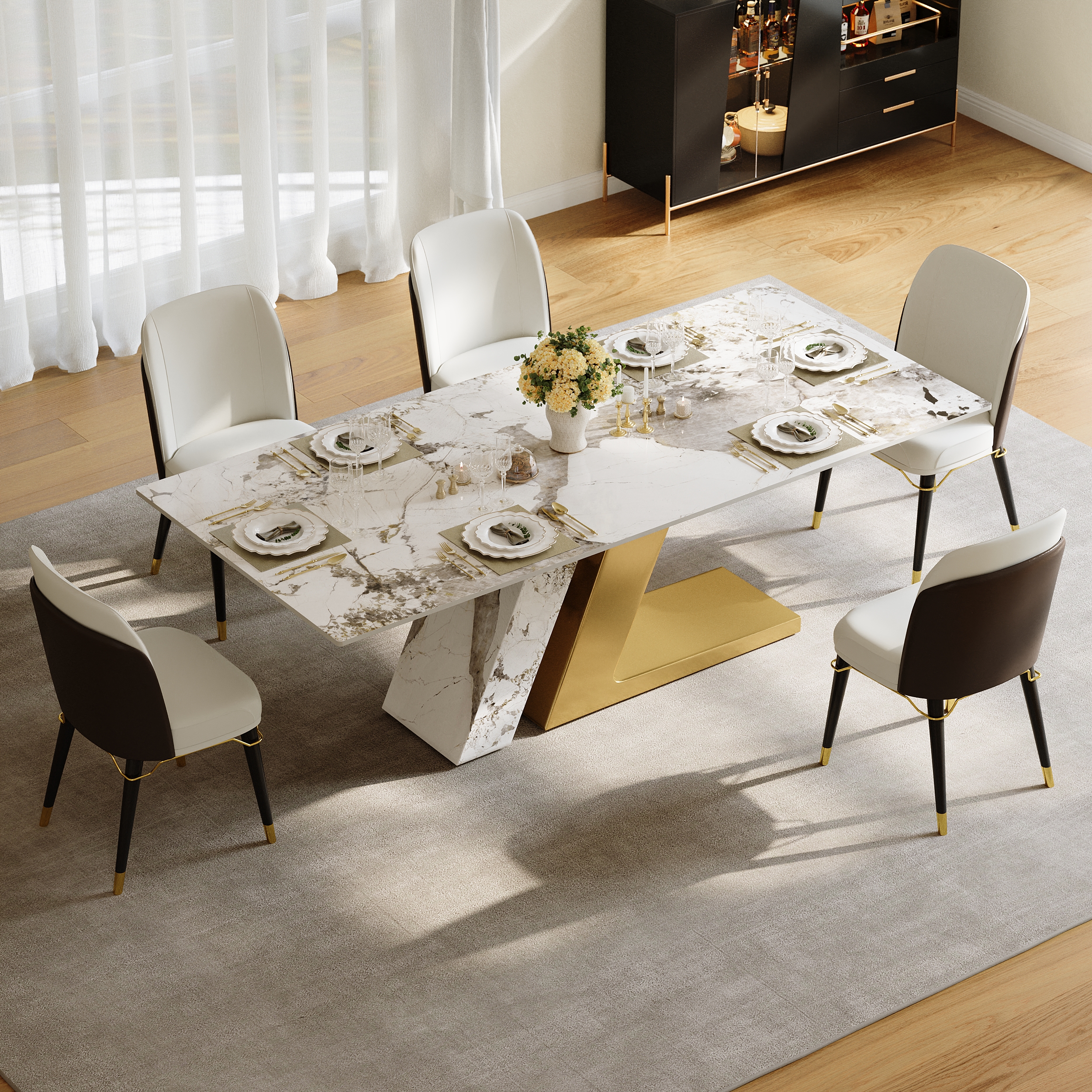 Modern 79" Rectangle Sintered Stone Dining Table with 6 Chairs in Gold