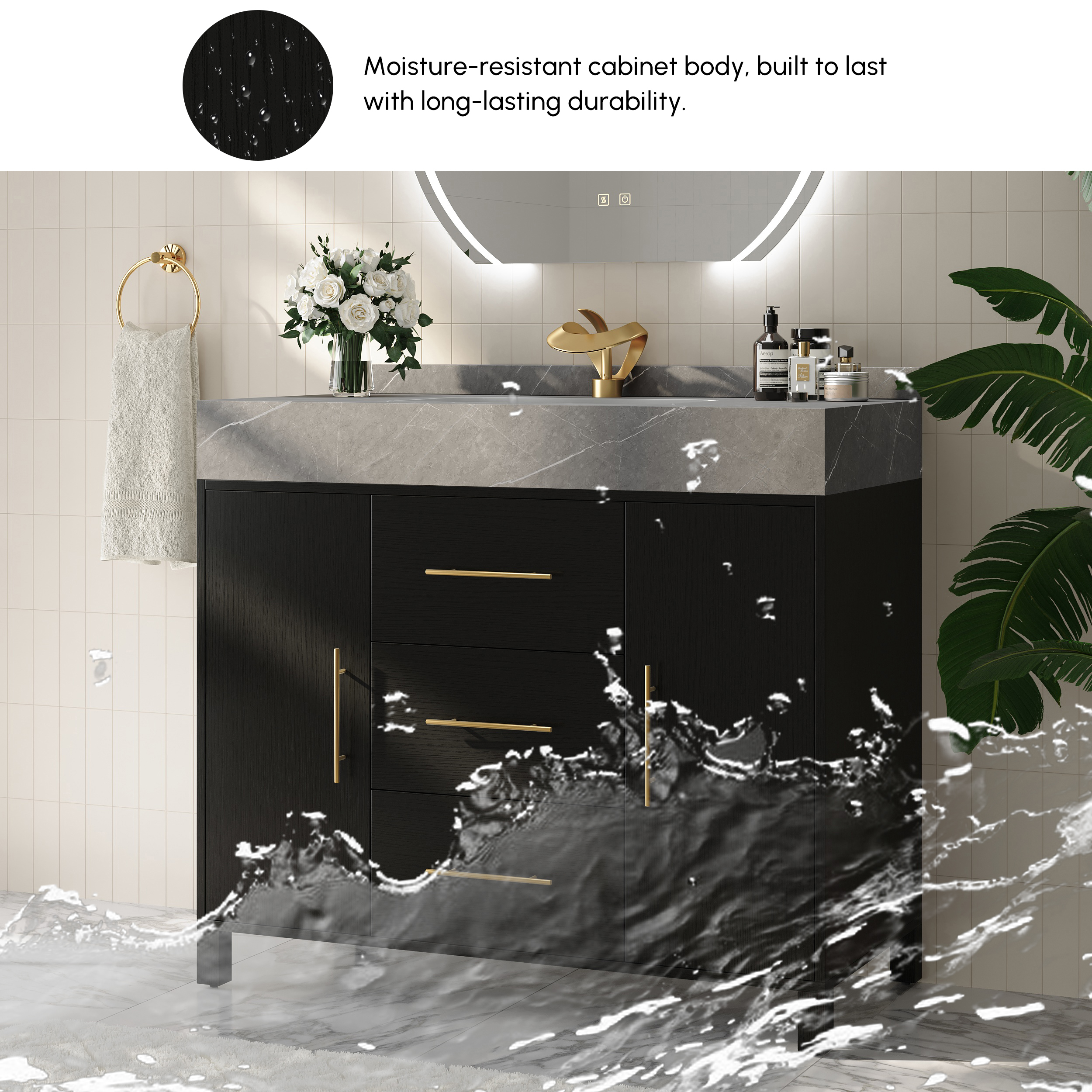 Vanité de salle de bain autoportante noire de 1000 mm, comptoir en pierre frittée et poignées dorées image de vente