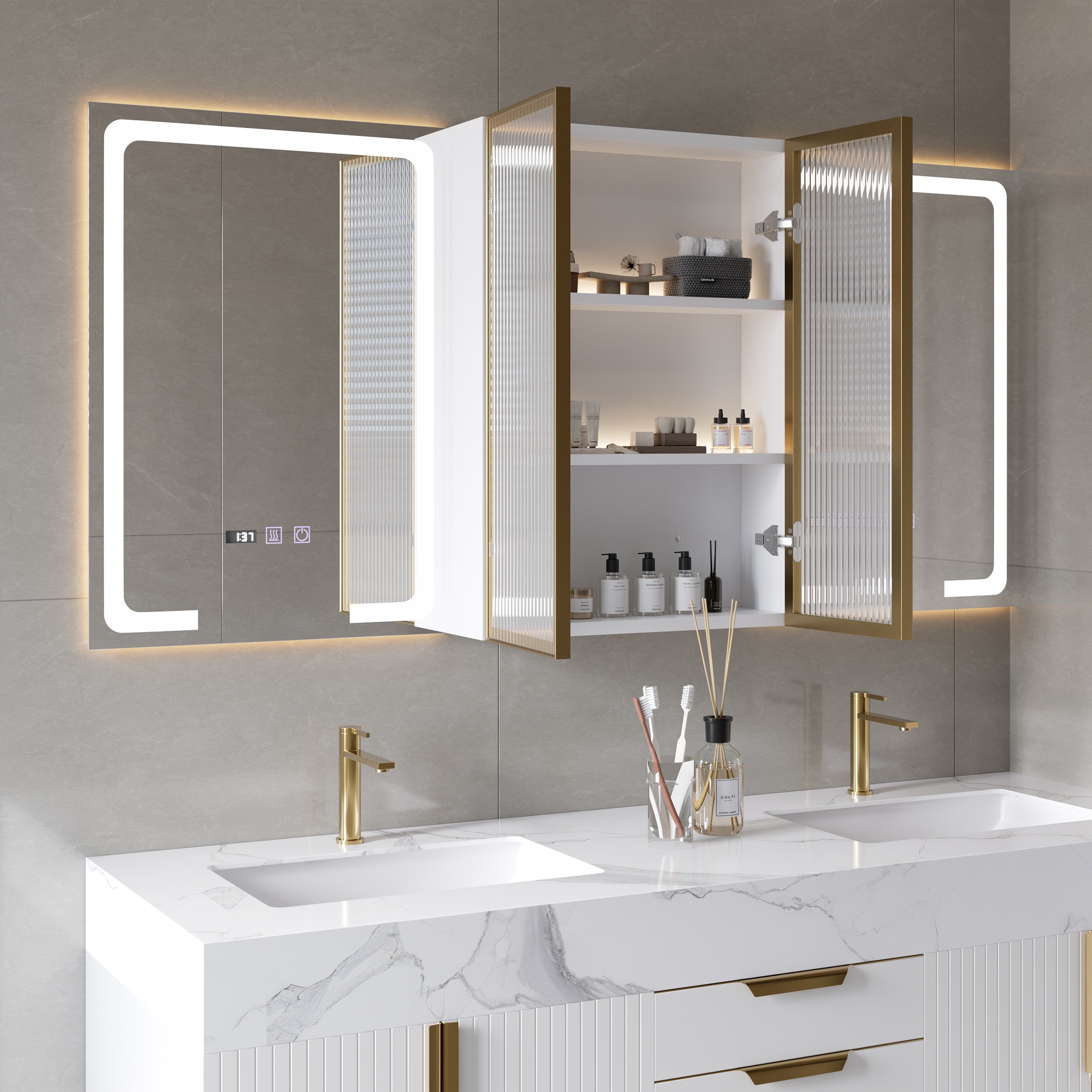 59" LED Lighted Medicine Cabinet Wooden Wall-mounted Bathroom Mirror with Doors