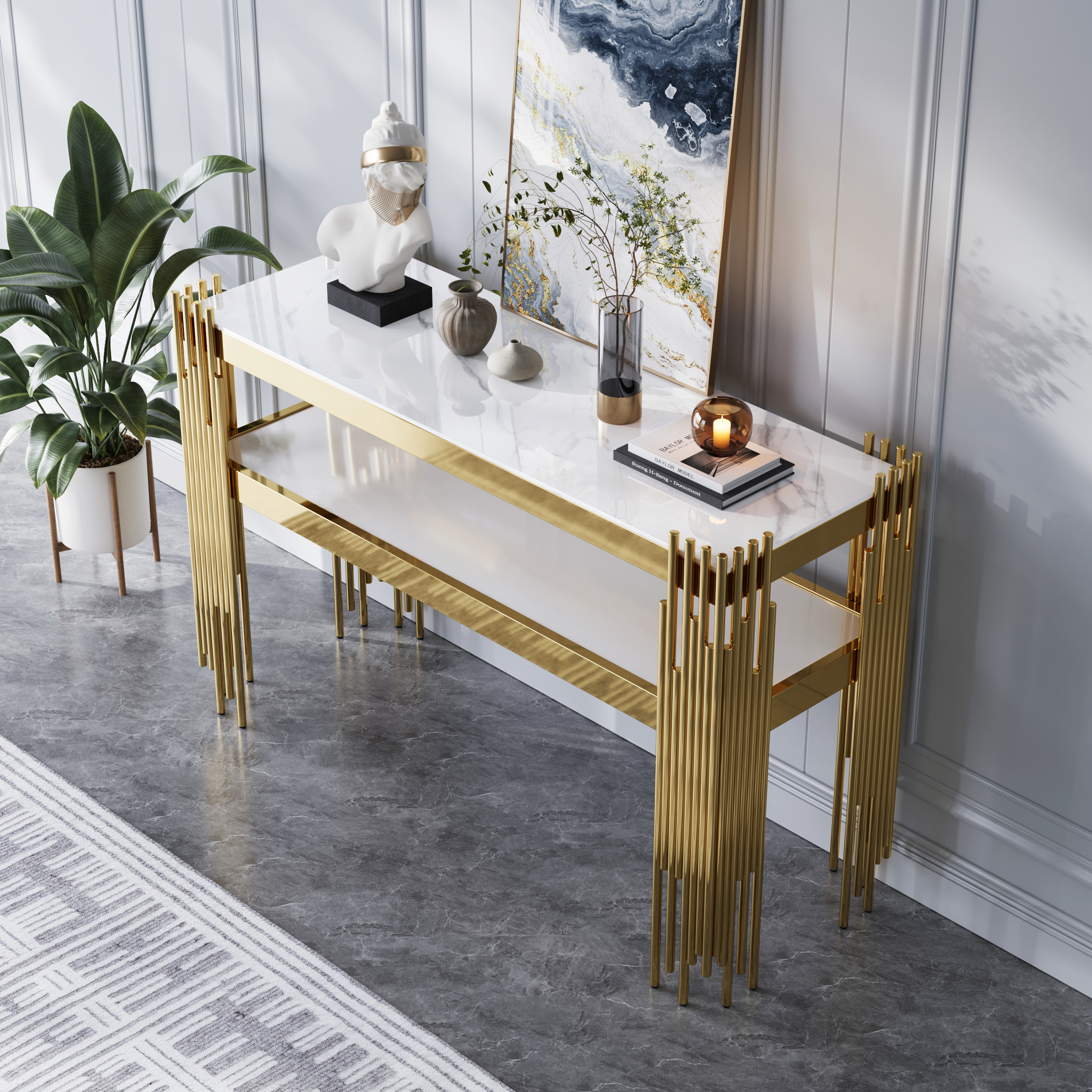 47.2" Modern White Faux Marble Narrow Console Table with Storage Shelf and 4 Gold Legs