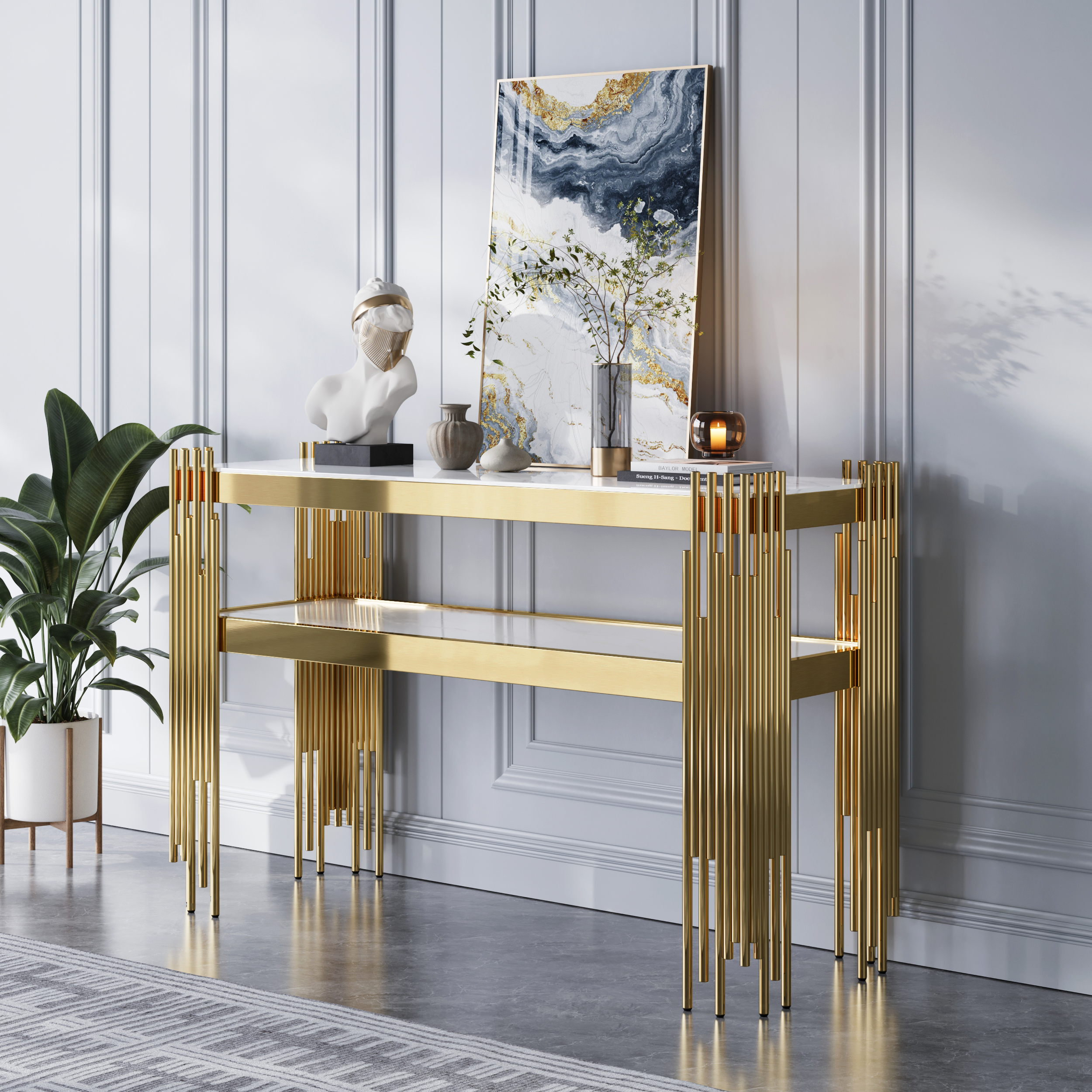 47.2" Modern White Faux Marble Narrow Console Table with Storage Shelf and 4 Gold Legs
