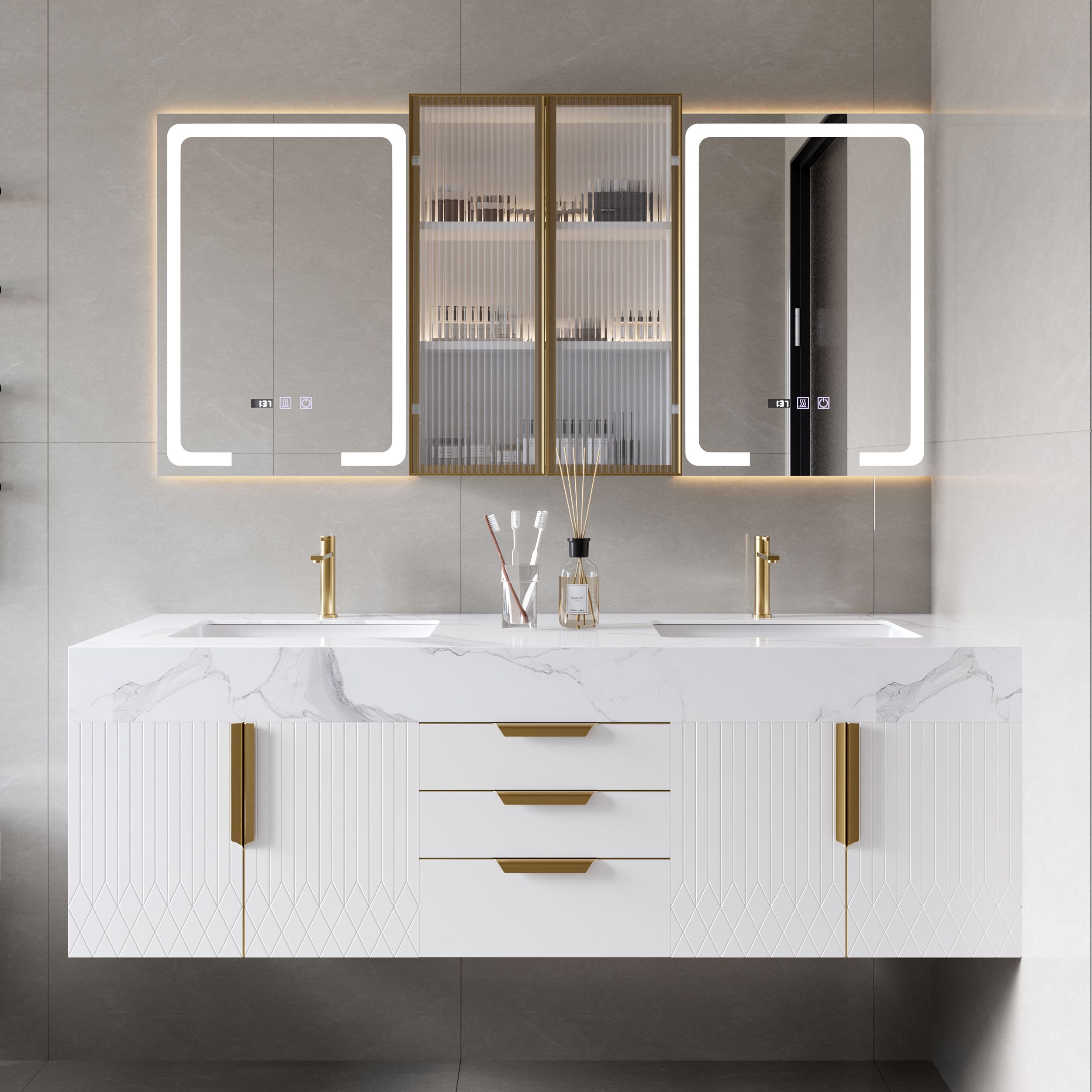 59" LED Lighted Medicine Cabinet Wooden Wall-mounted Bathroom Mirror with Doors