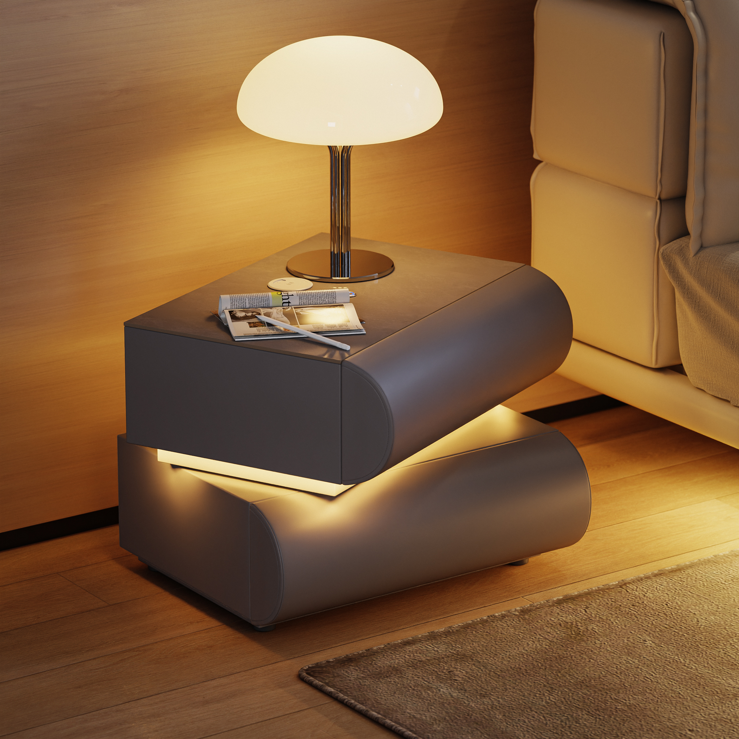 Modern White Leather Smart LED Nightstand with Wireless Charger 2 Drawers Bedside Table with USB & Type-C Ports