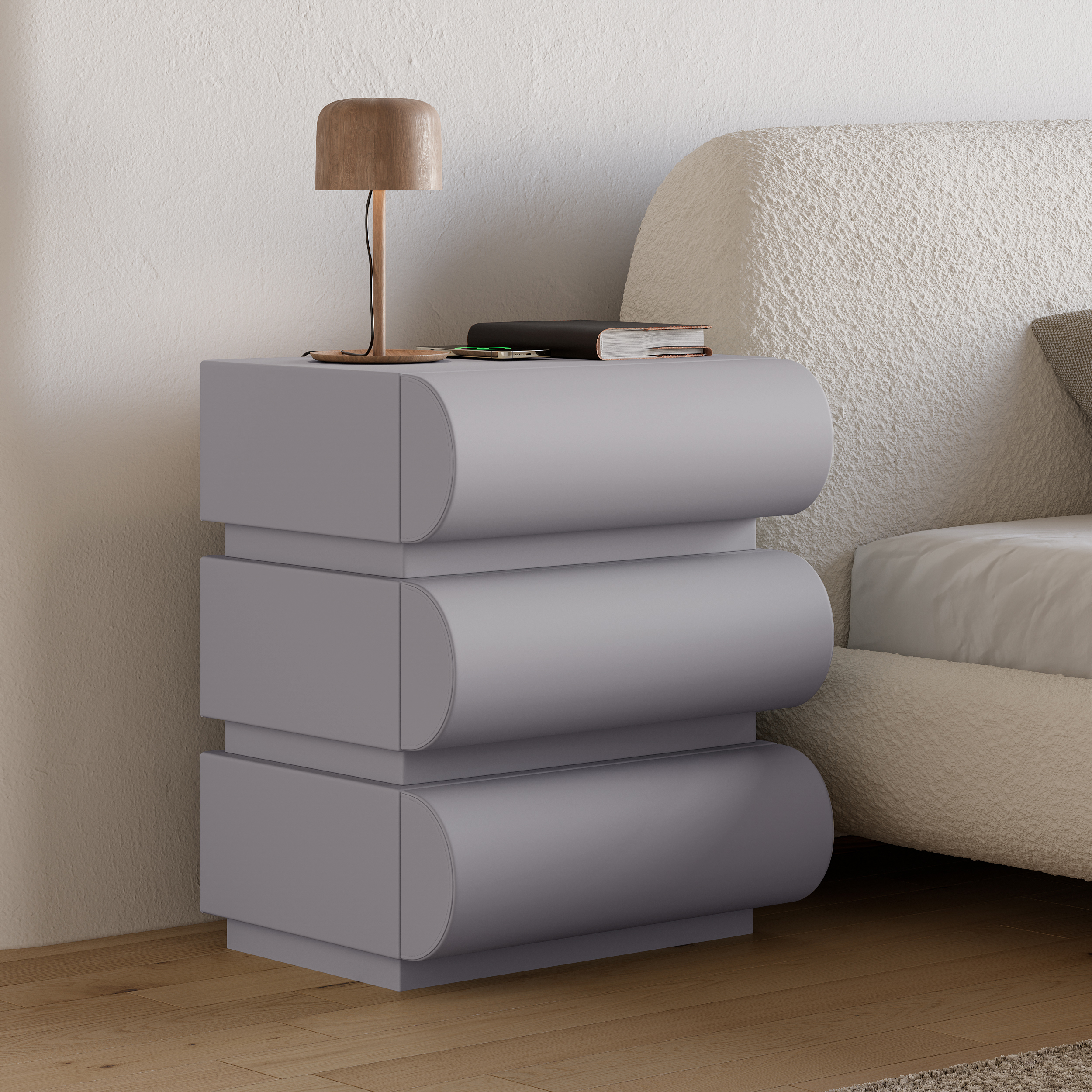 Modern Light Gray Leather Smart Nightstand with Wireless Charger 3 Drawers Bedside Table with USB &