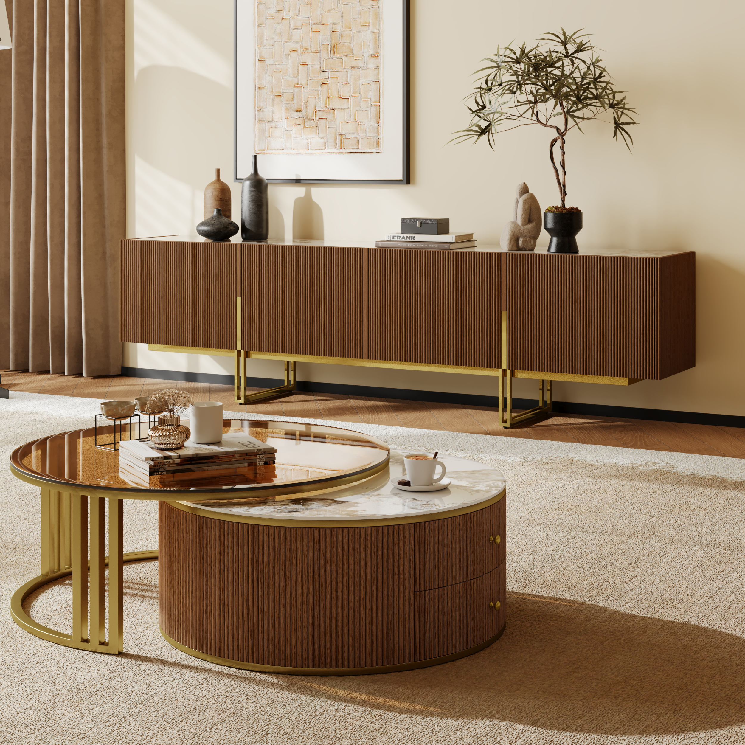 Set de sala de estar, soporte para TV de nogal con superficie de piedra sinterizada de 86.6 pulgadas y mesa de café redonda de vidrio con almacenamiento