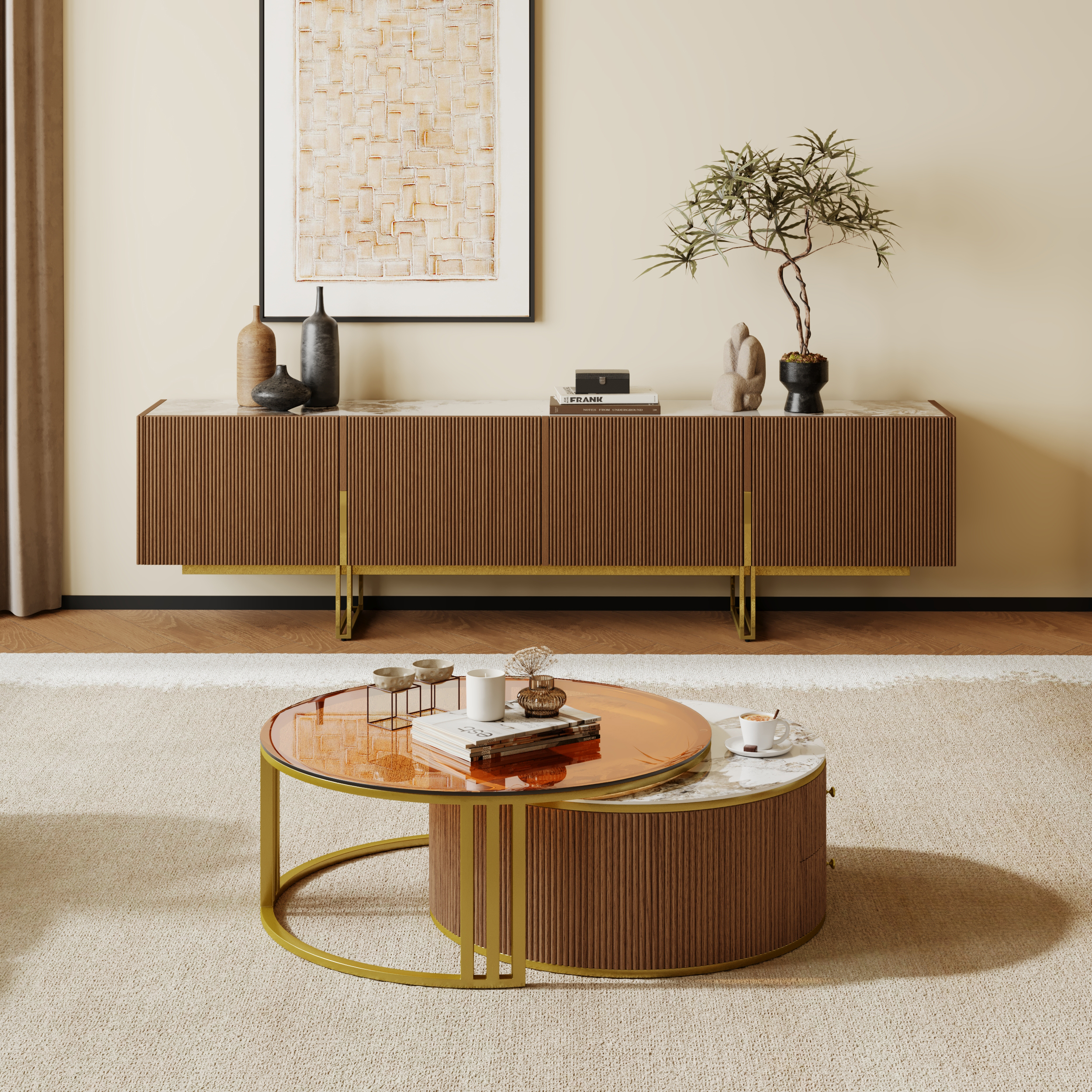 Living Room Cabinet Set 78.7" Sintered Stone Top Walnut TV Stand & Round Glass Nesting Coffee Table