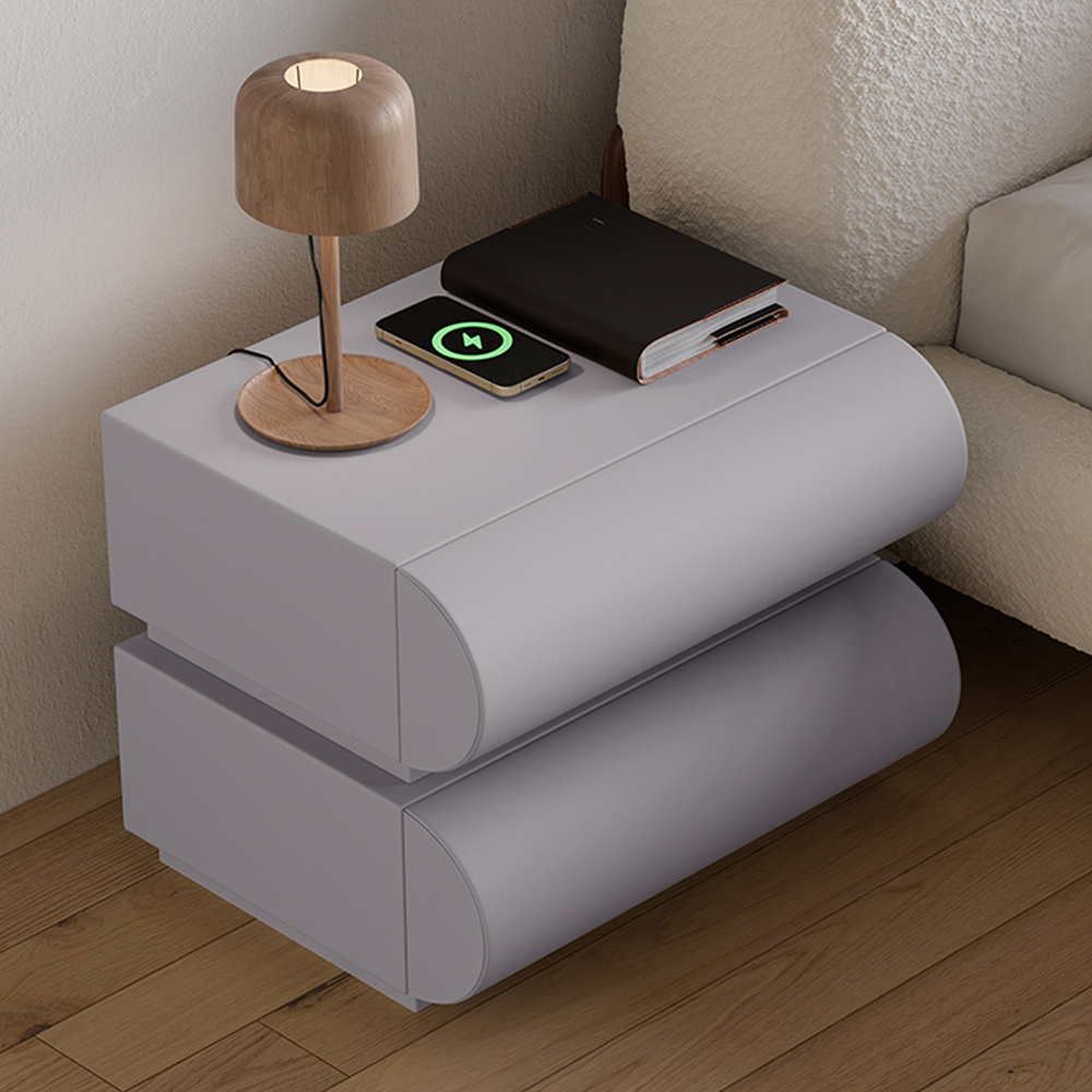 Modern Light Gray Leather Smart Nightstand with Wireless Charger 2 Drawers Bedside Table with USB &