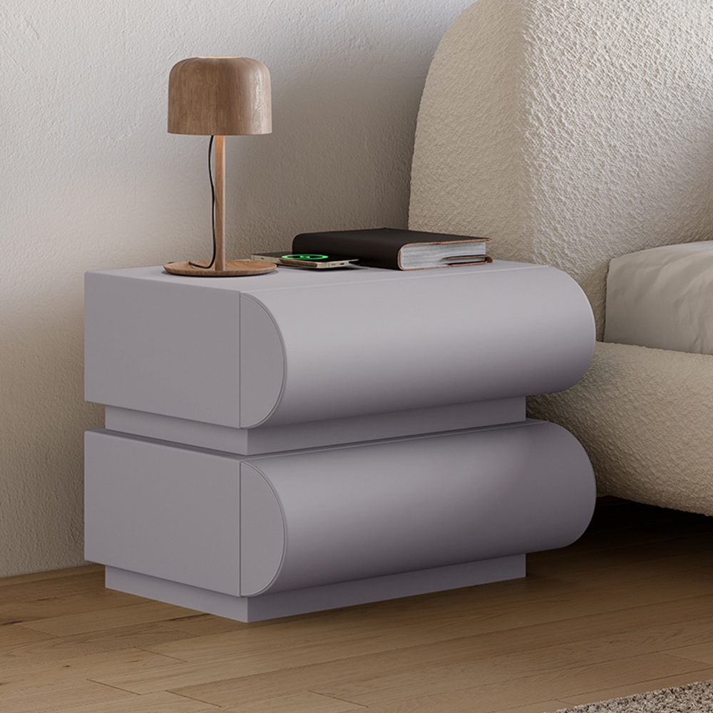 Modern Light Gray Leather Smart Nightstand with Wireless Charger 2 Drawers Bedside Table with USB &