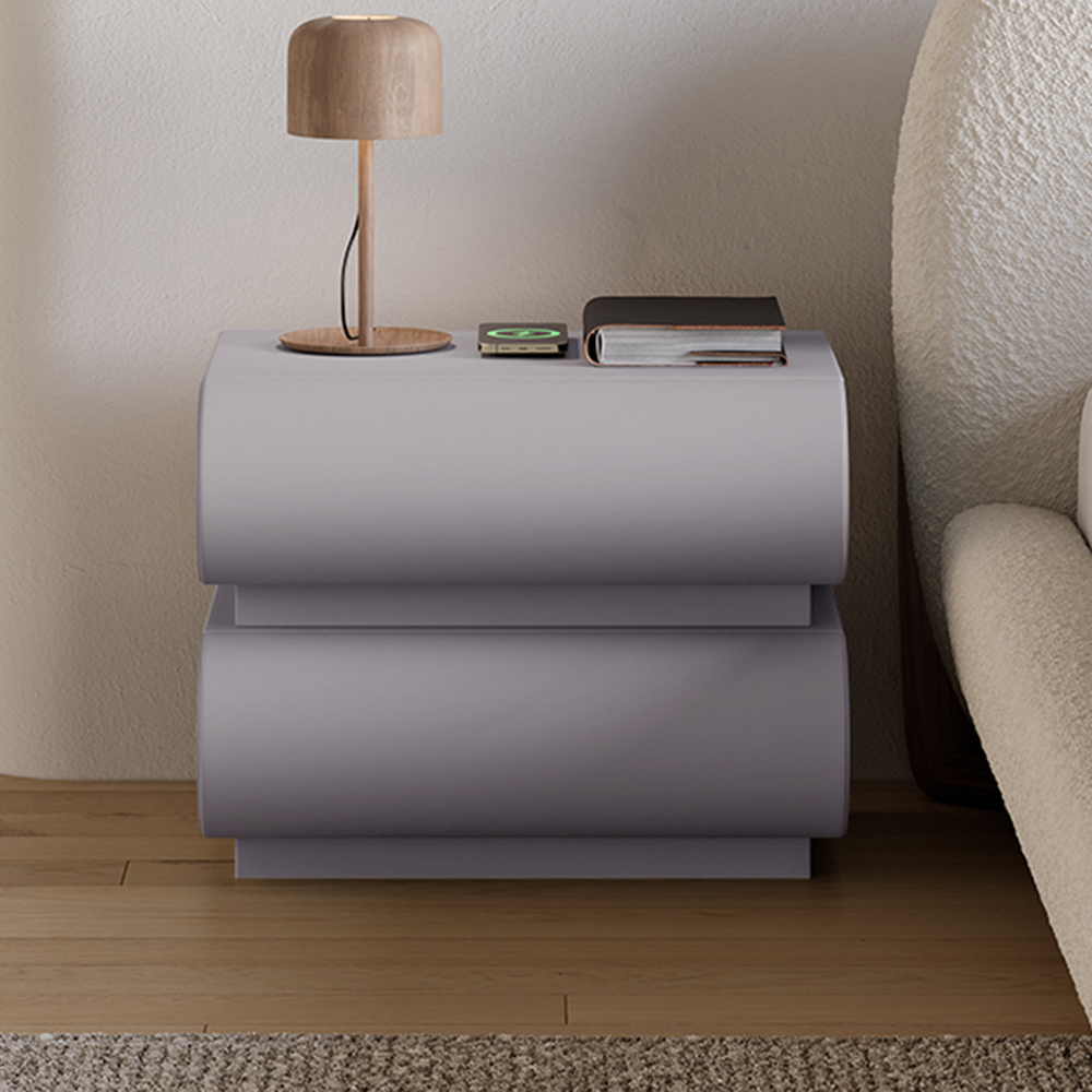 Modern Light Gray Leather Smart Nightstand with Wireless Charger 2 Drawers Bedside Table with USB &