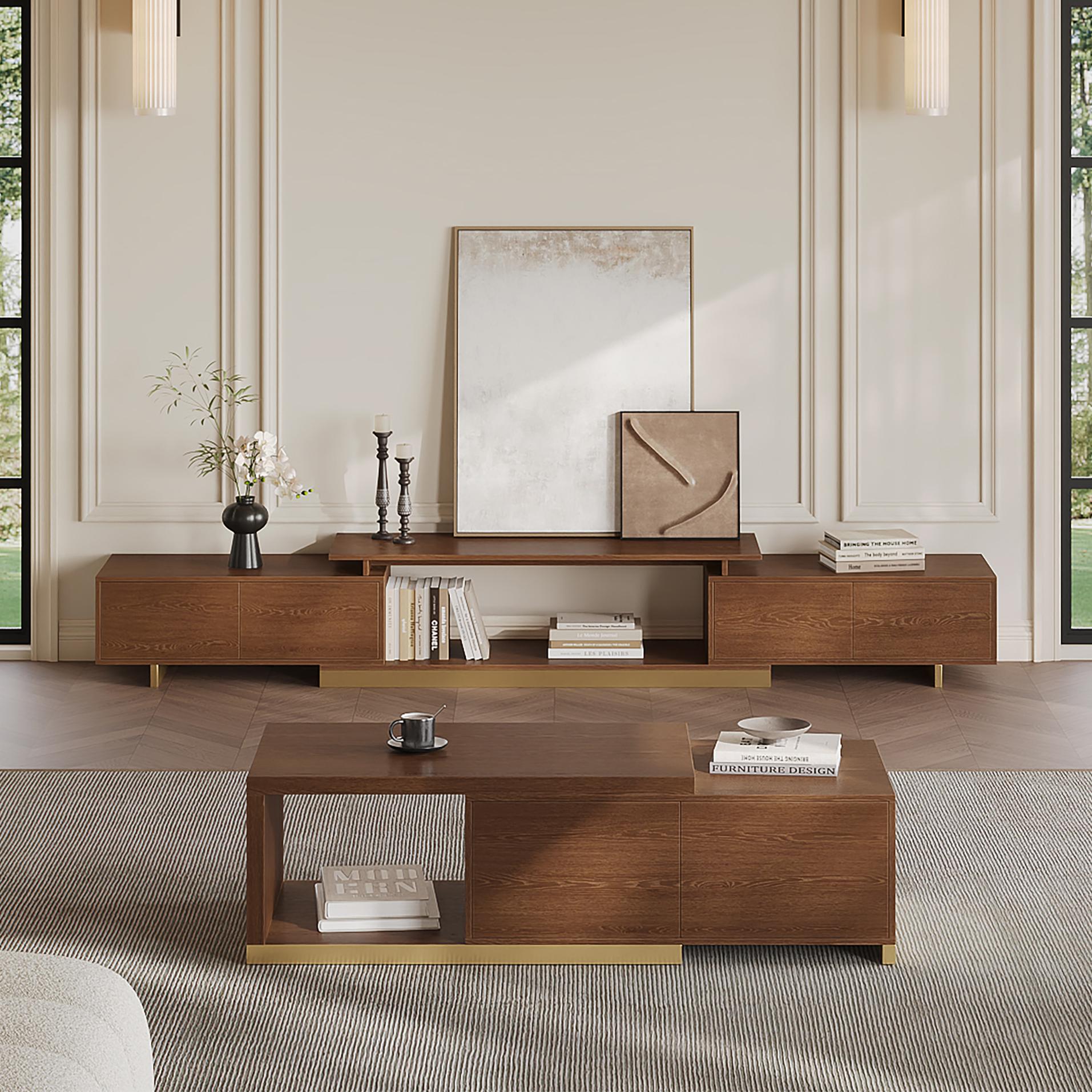 Living Room Cabinet Set Rectangle Glossy Walnut Extendable TV Stand & 70.8" Glossy Walnut Coffee