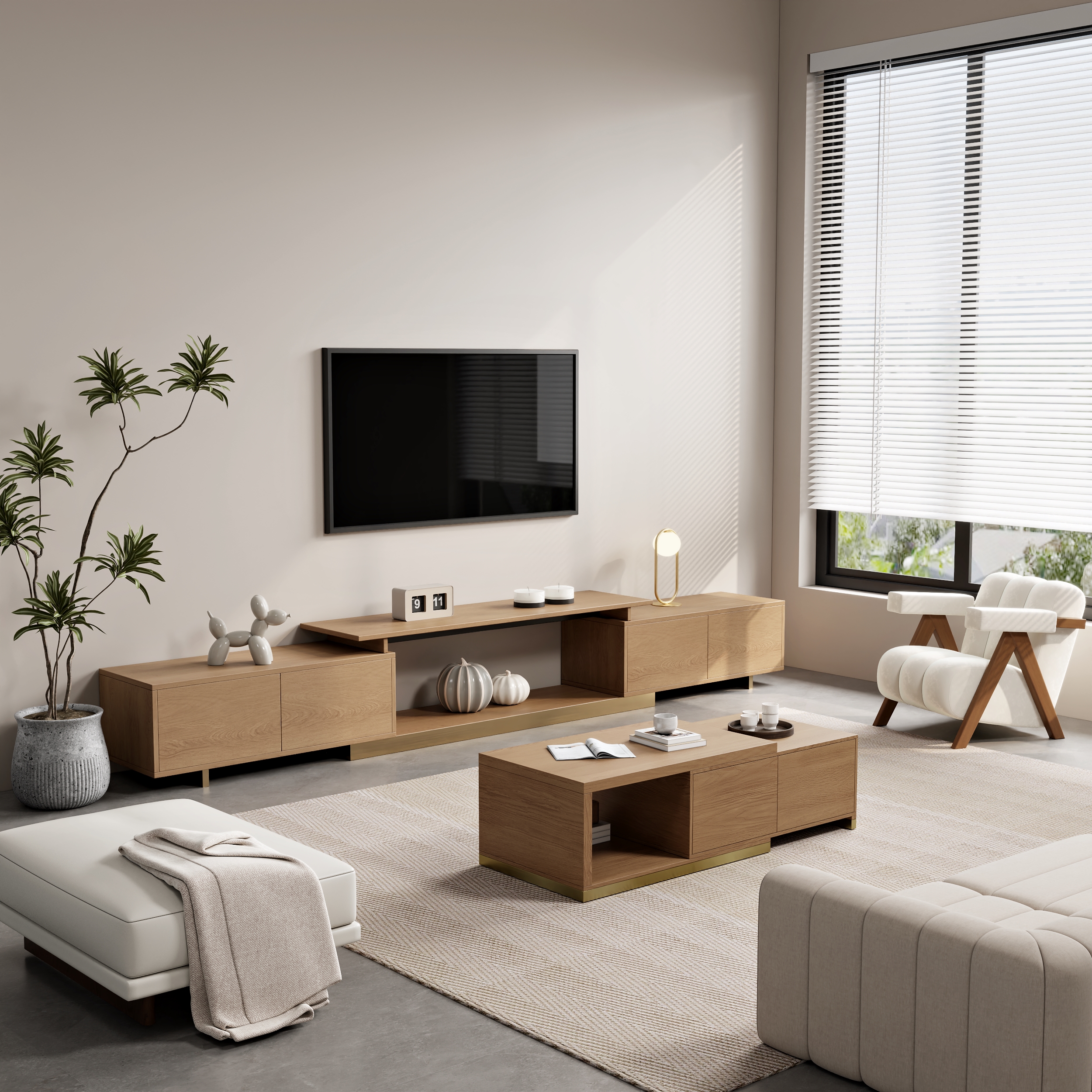Living Room Cabinet Set Rectangle Natural Extendable TV Stand & 70.8" Natural Coffee Table