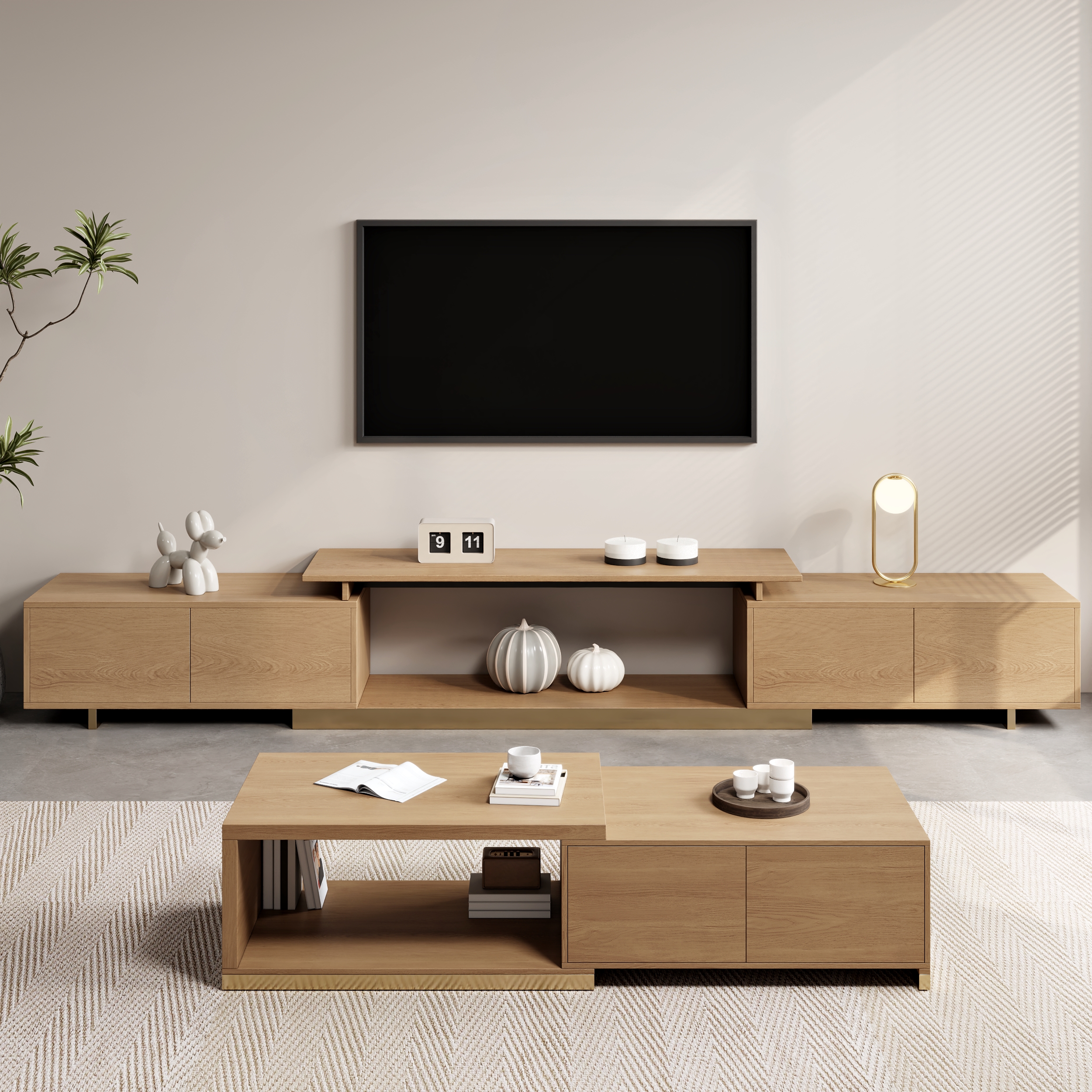 Living Room Cabinet Set Rectangle Natural Extendable TV Stand & 70.8" Natural Coffee Table
