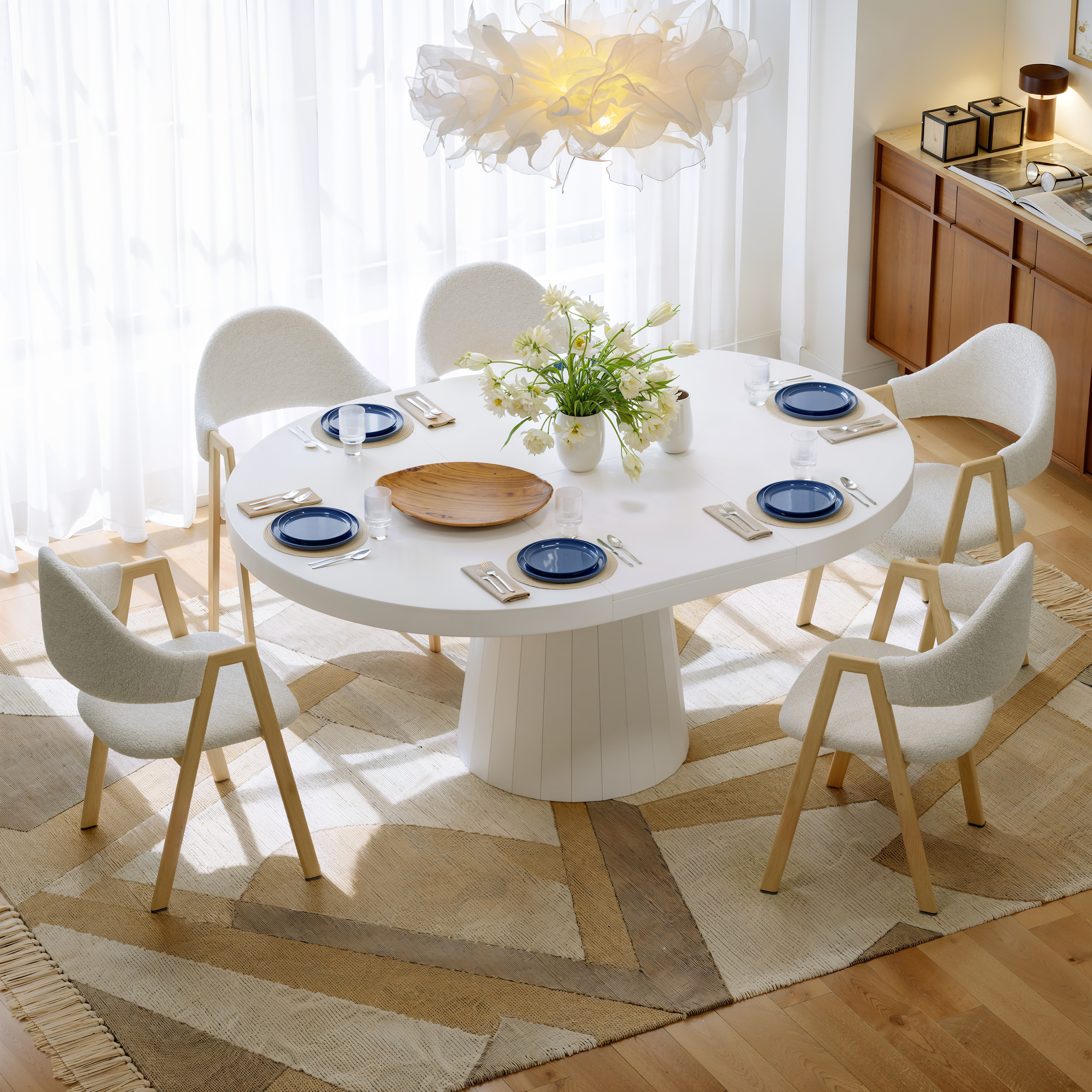 Mesa de comedor extensible Japandi de 100 cm a 140 cm para 6 personas, con pedestal ovalado y redondo, color blanco