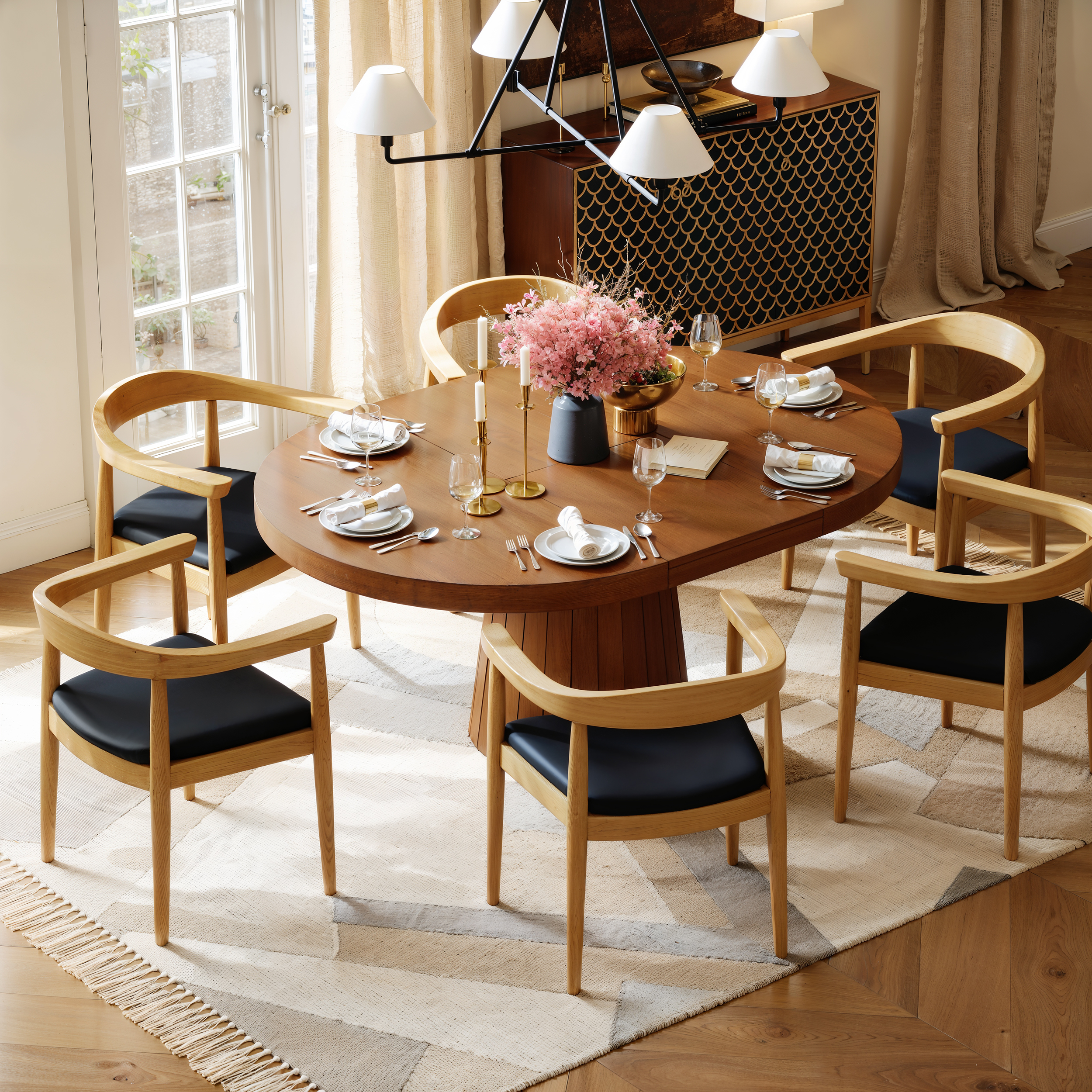Juego de mesa de comedor extensible Japandi de 39 a 55 pulgadas y 6 sillas de comedor de madera