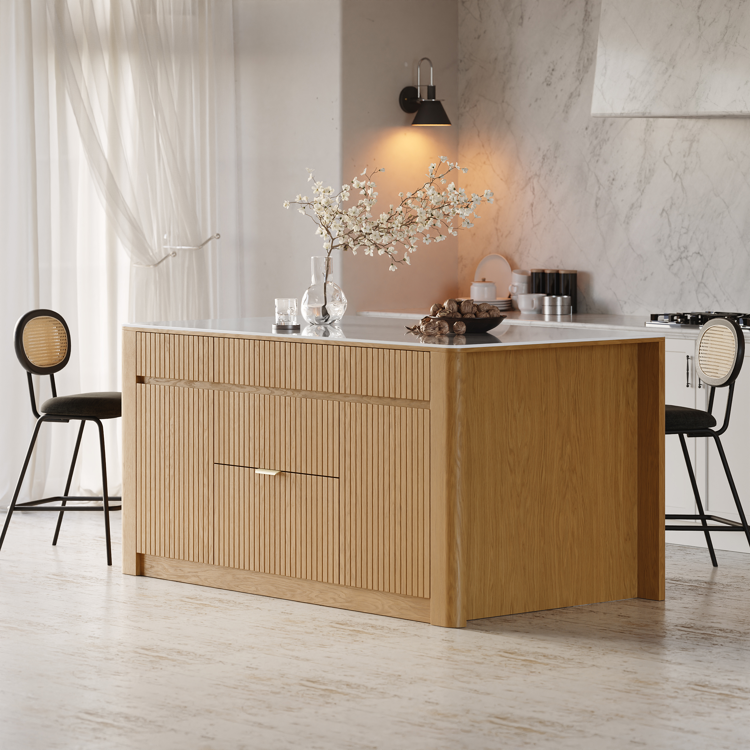 72" Kitchen Island Sintered Stone Top with Storage NaturalModern
