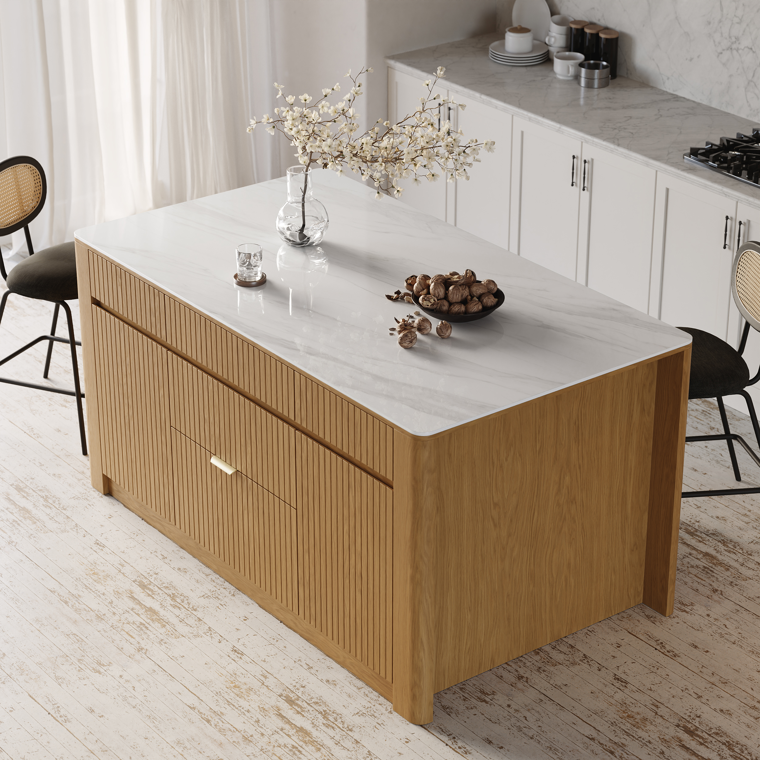 72" Kitchen Island Sintered Stone Top with Storage NaturalModern