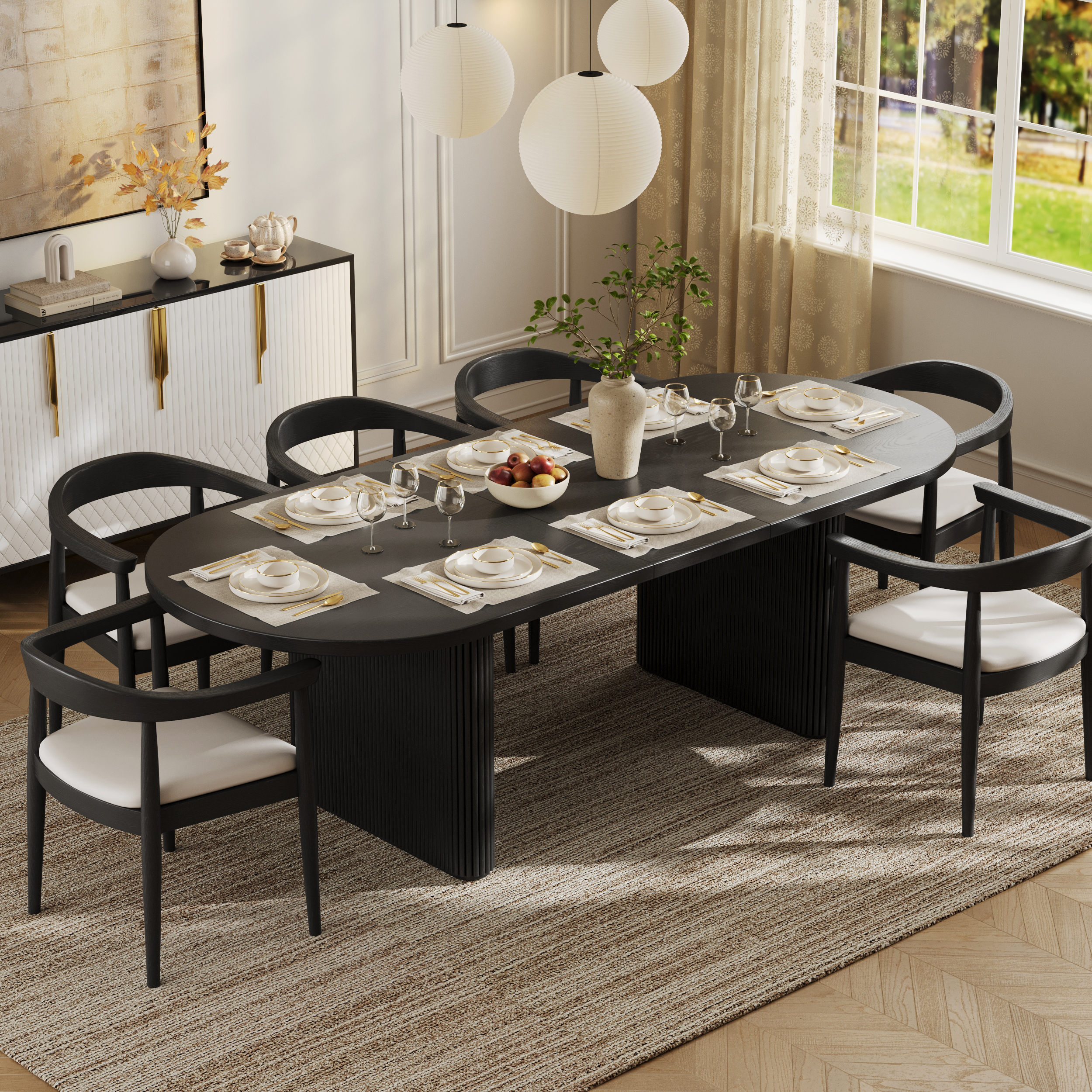 Mesa de comedor ovalada extensible de estilo Japandi, de 2000 mm a 2400 mm, en acabado negro, para 6 a 10 personas