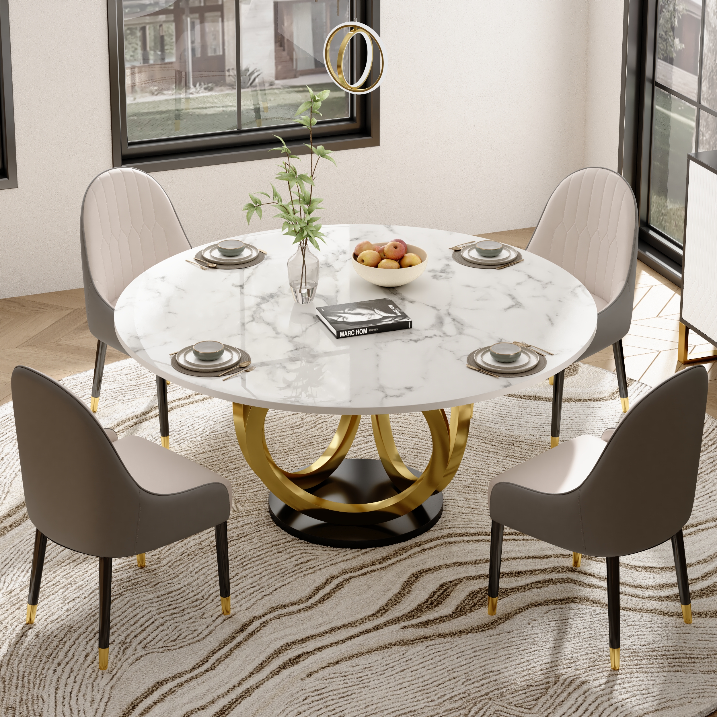 Juego de comedor de 5 piezas, mesa de comedor redonda con superficie de piedra sinterizada de 1350 mm, color blanco y gris, 4 sillas