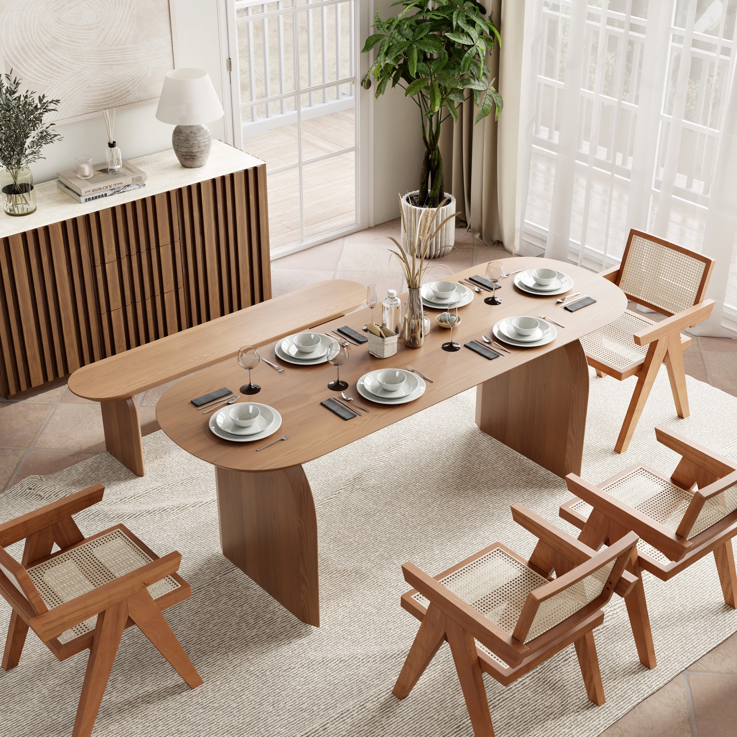78.7" Oval Dining Table Solid Wood for 8 People Japandi Walnut Dining Room Table