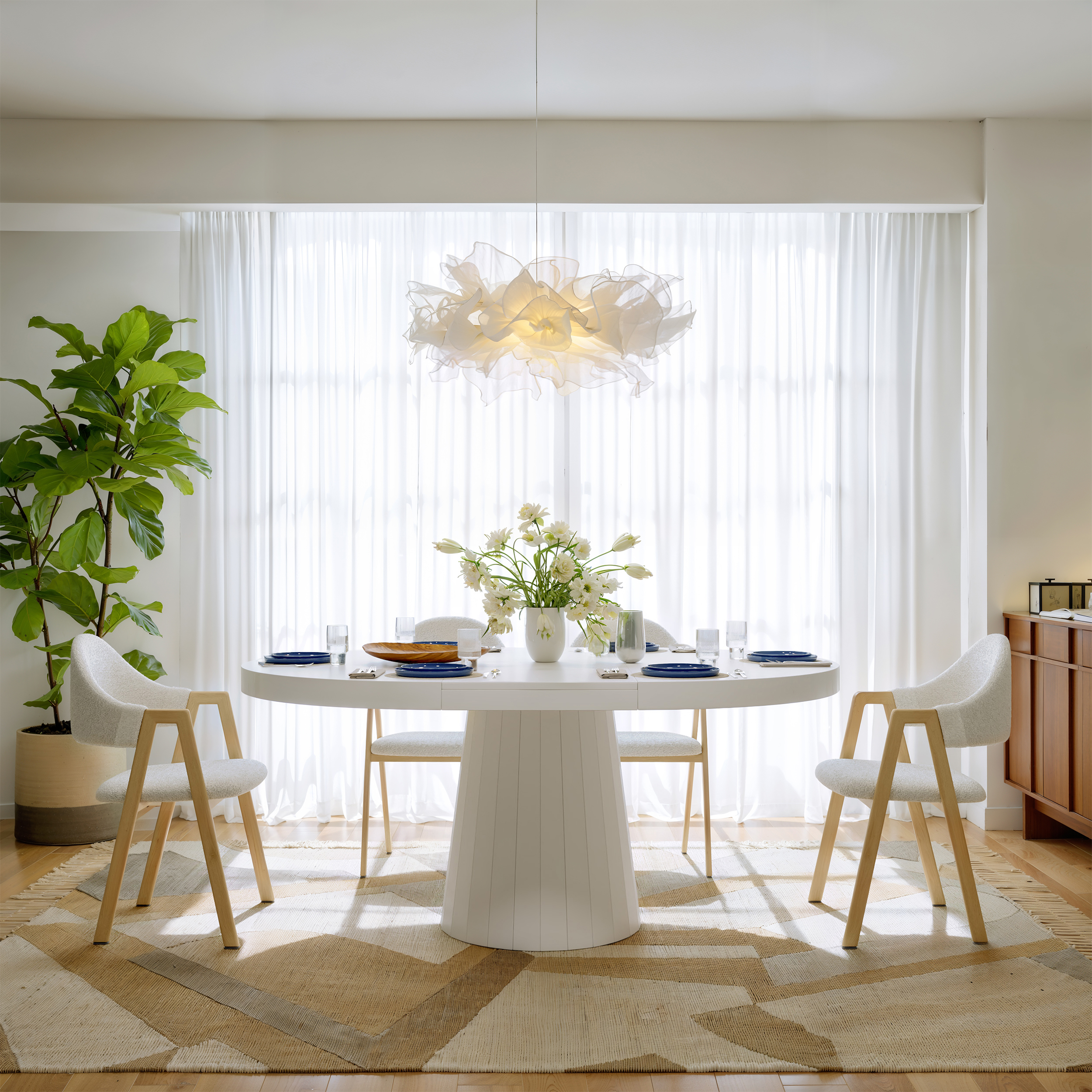 Extendable Dining Table Set 39"-55" Japandi White Dining Table & 6 Walnut Wood Dining