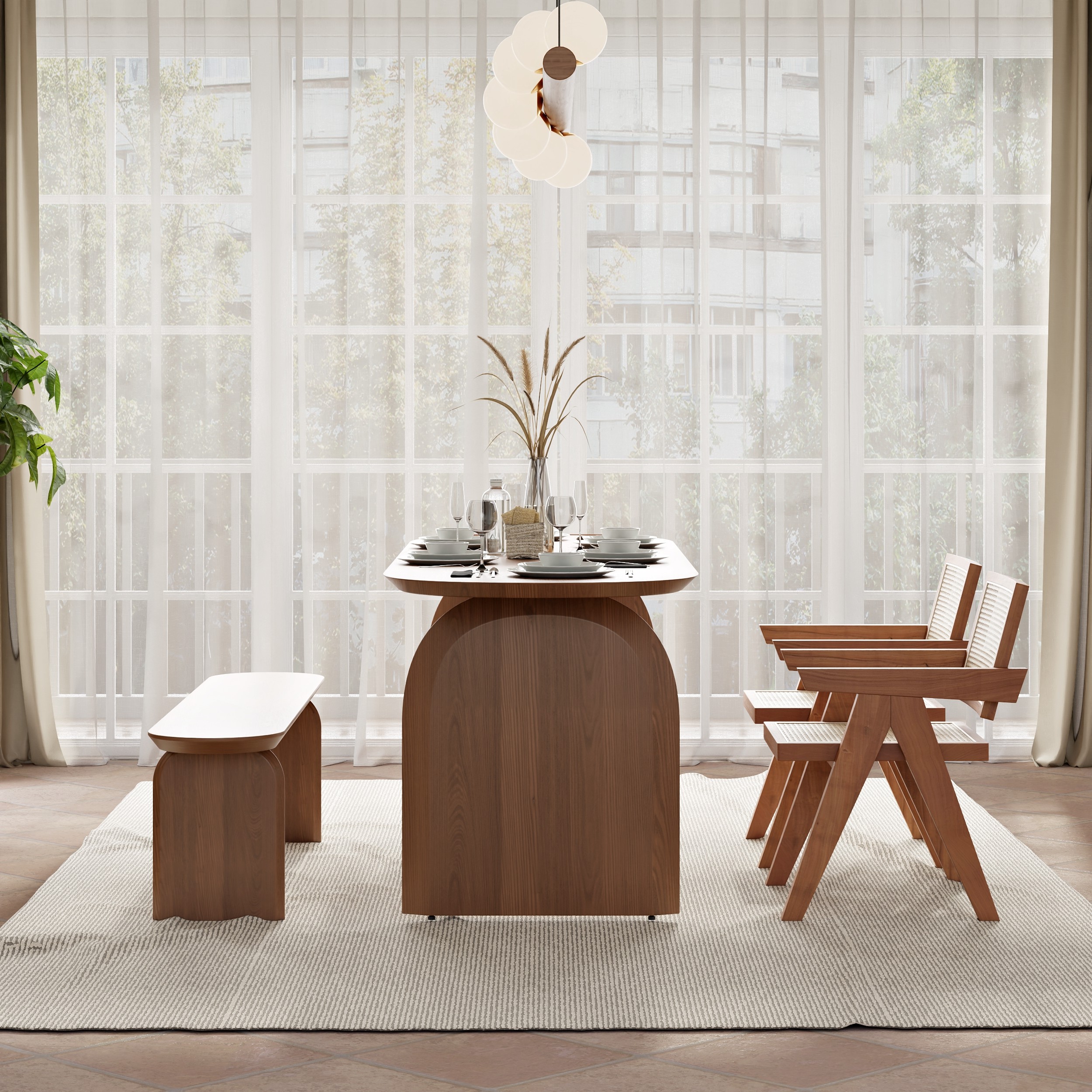78.7" Oval Dining Table Solid Wood for 8 People Japandi Walnut Dining Room Table