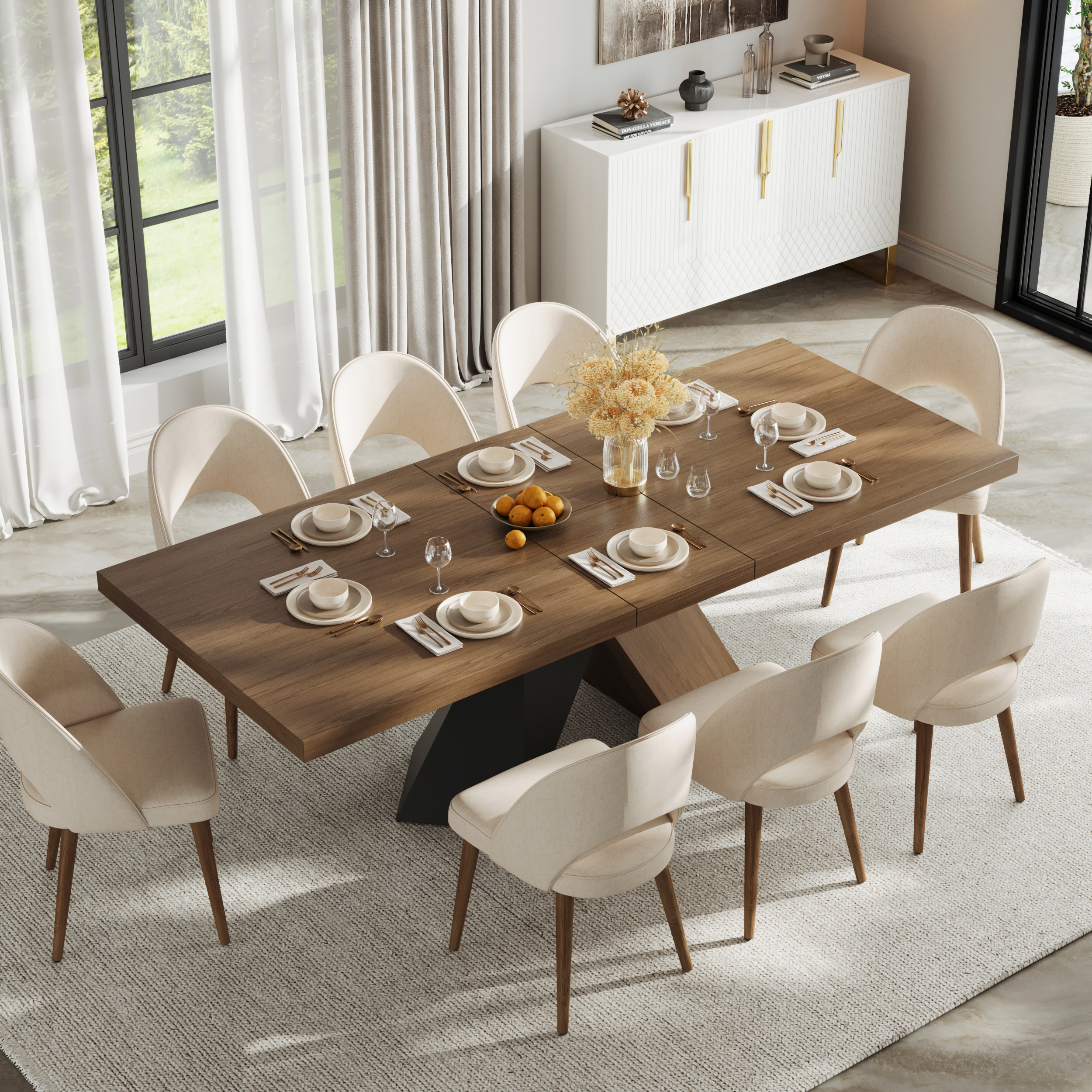 Mesa de comedor extensible de nogal de 1600 mm a 2000 mm y 8 sillas de comedor de ratán Japandi de nogal