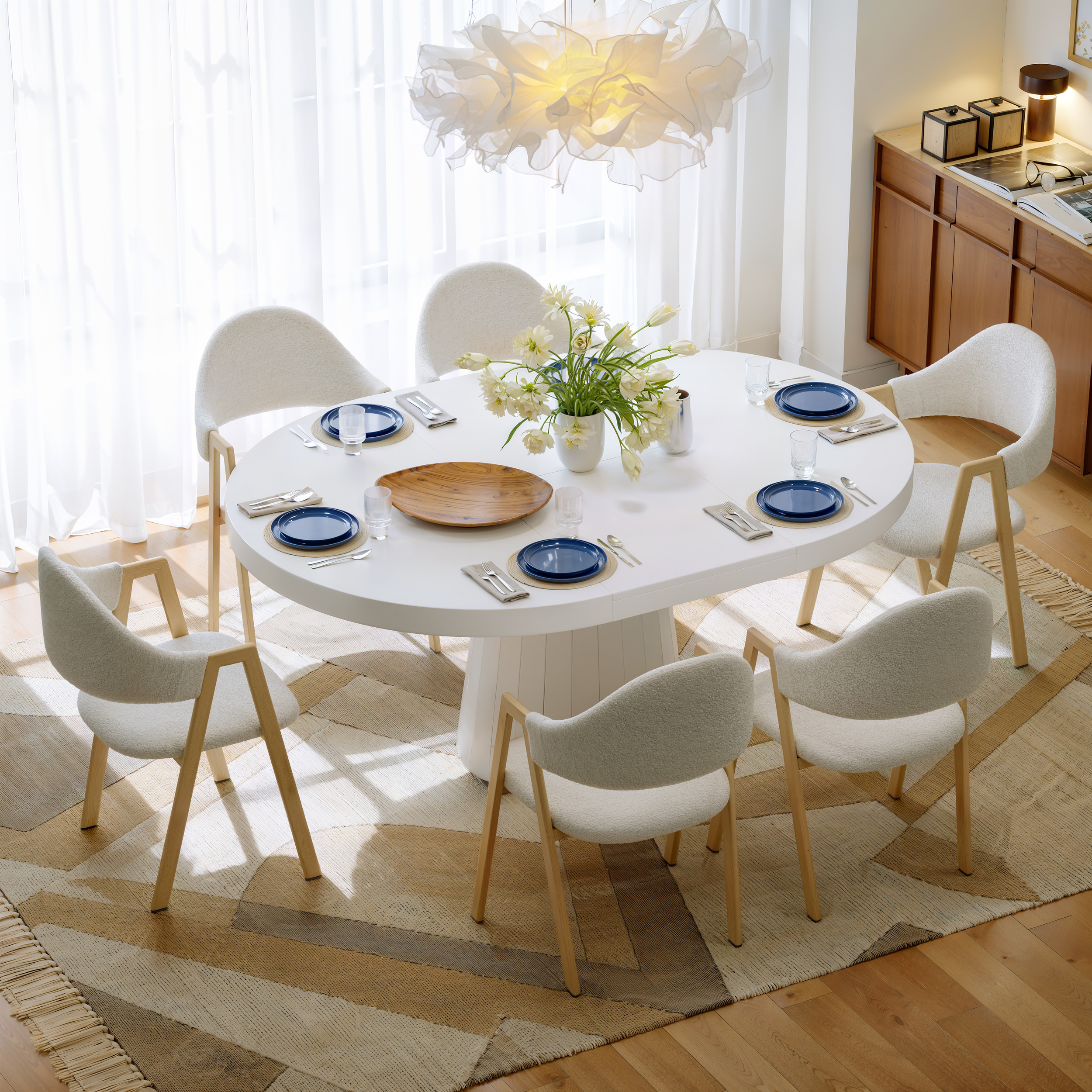 Juego de mesa de comedor extensible de 39 a 55 pulgadas, mesa de comedor blanca Japandi y 6 sillas de comedor