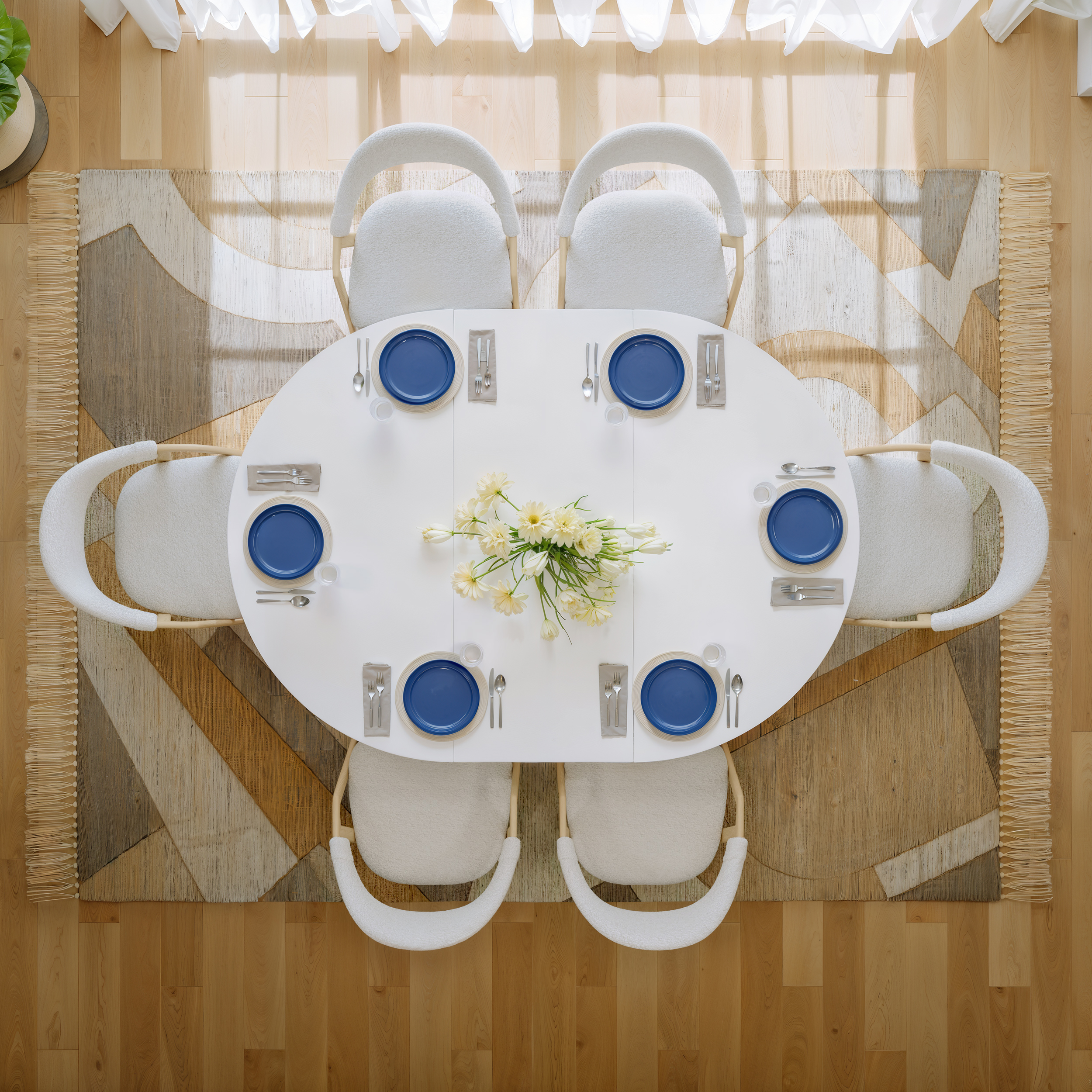 Extendable Dining Table Set 39"-55" Japandi White Dining Table & 6 Walnut Wood Dining
