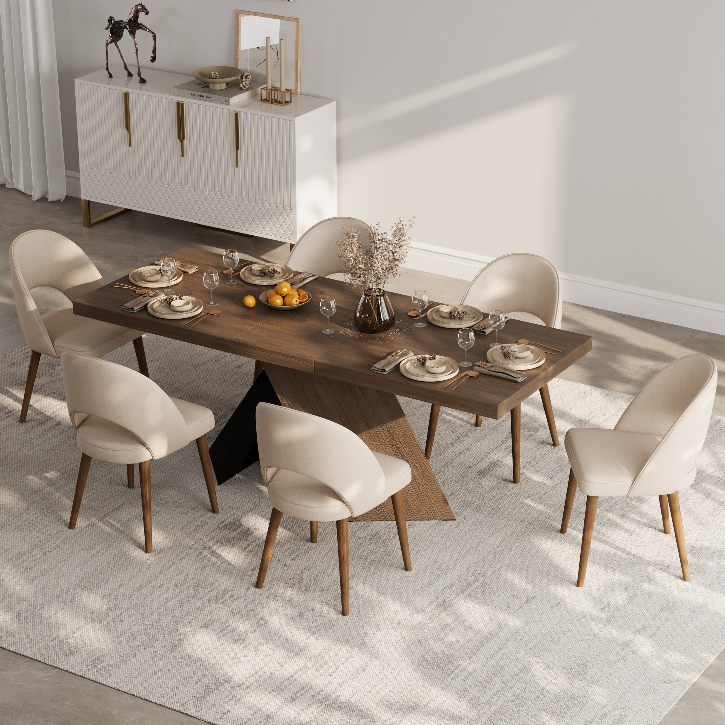 Juego de mesa de comedor y 6 sillas de comedor de nogal de 1600 mm a 2000 mm