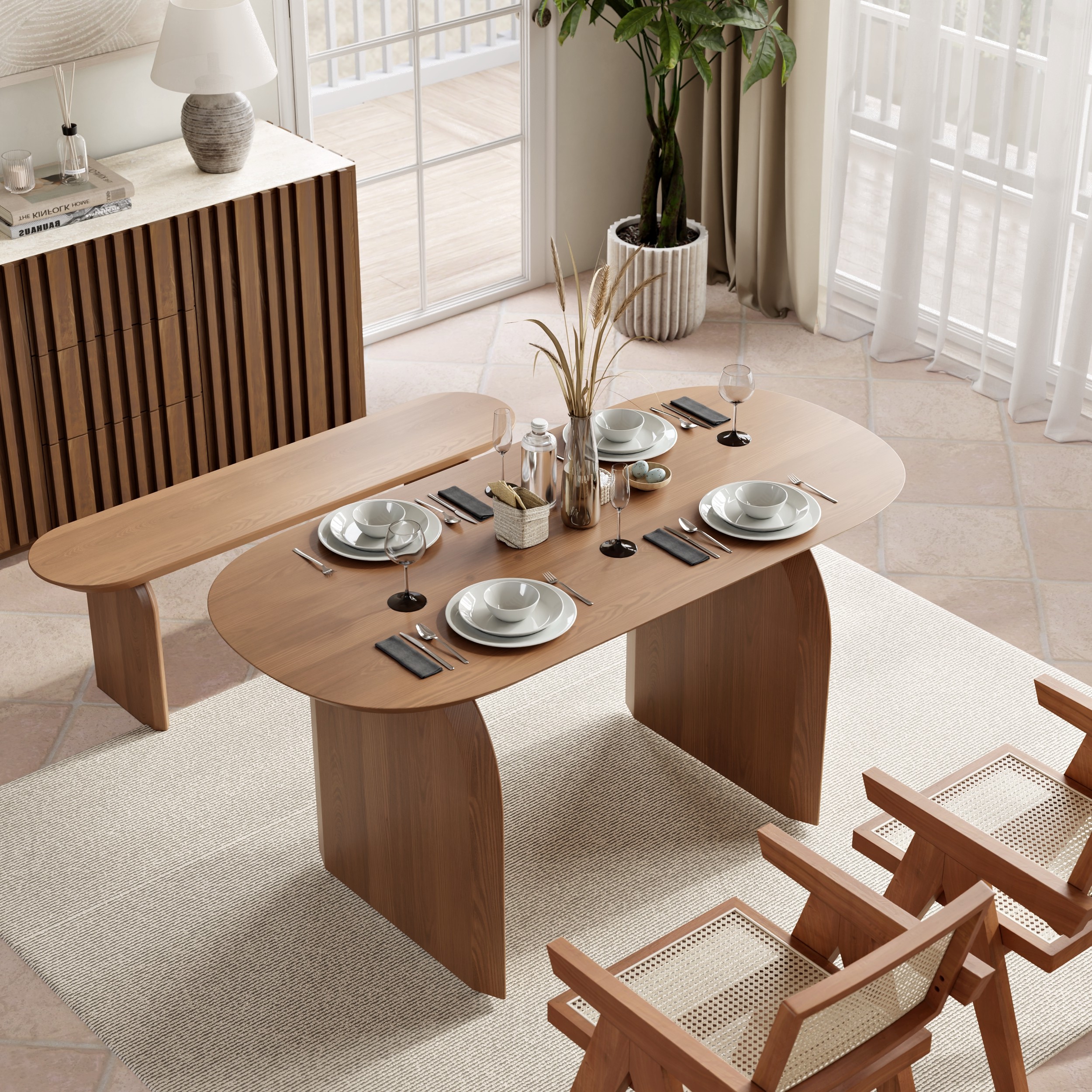 59" Oval Dining Table Solid Wood for 4 People Japandi Walnut Dining Room Table