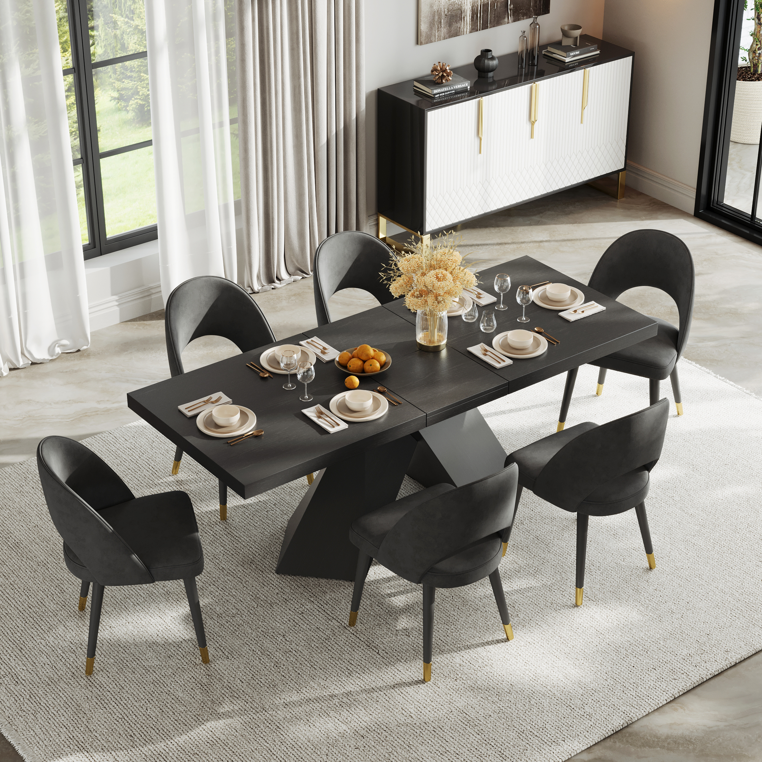 Mesa de comedor extensible negra de 1600 mm a 2000 mm y 6 sillas de comedor de ratán japonés de nogal