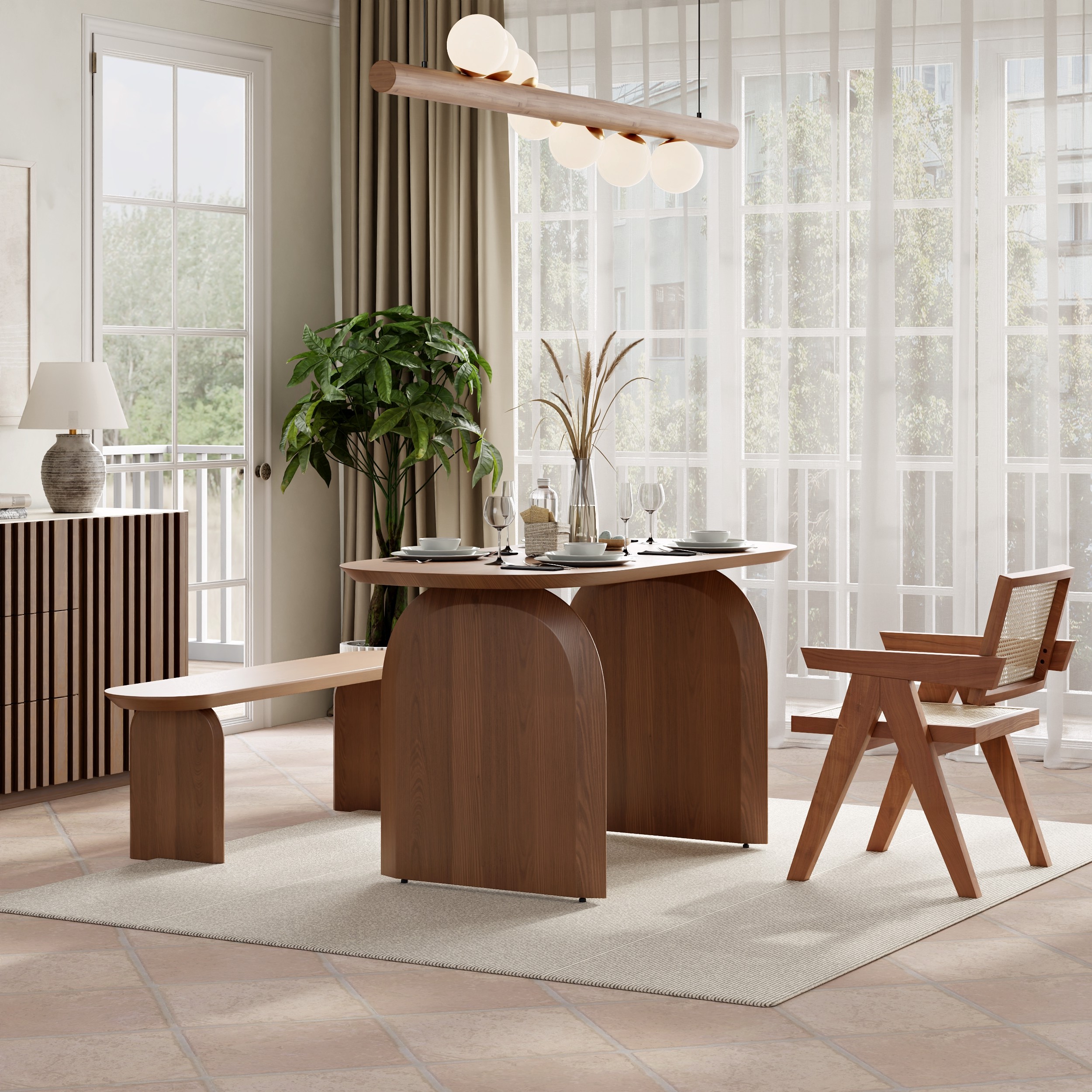 59" Oval Dining Table Solid Wood for 4 People Japandi Walnut Dining Room Table