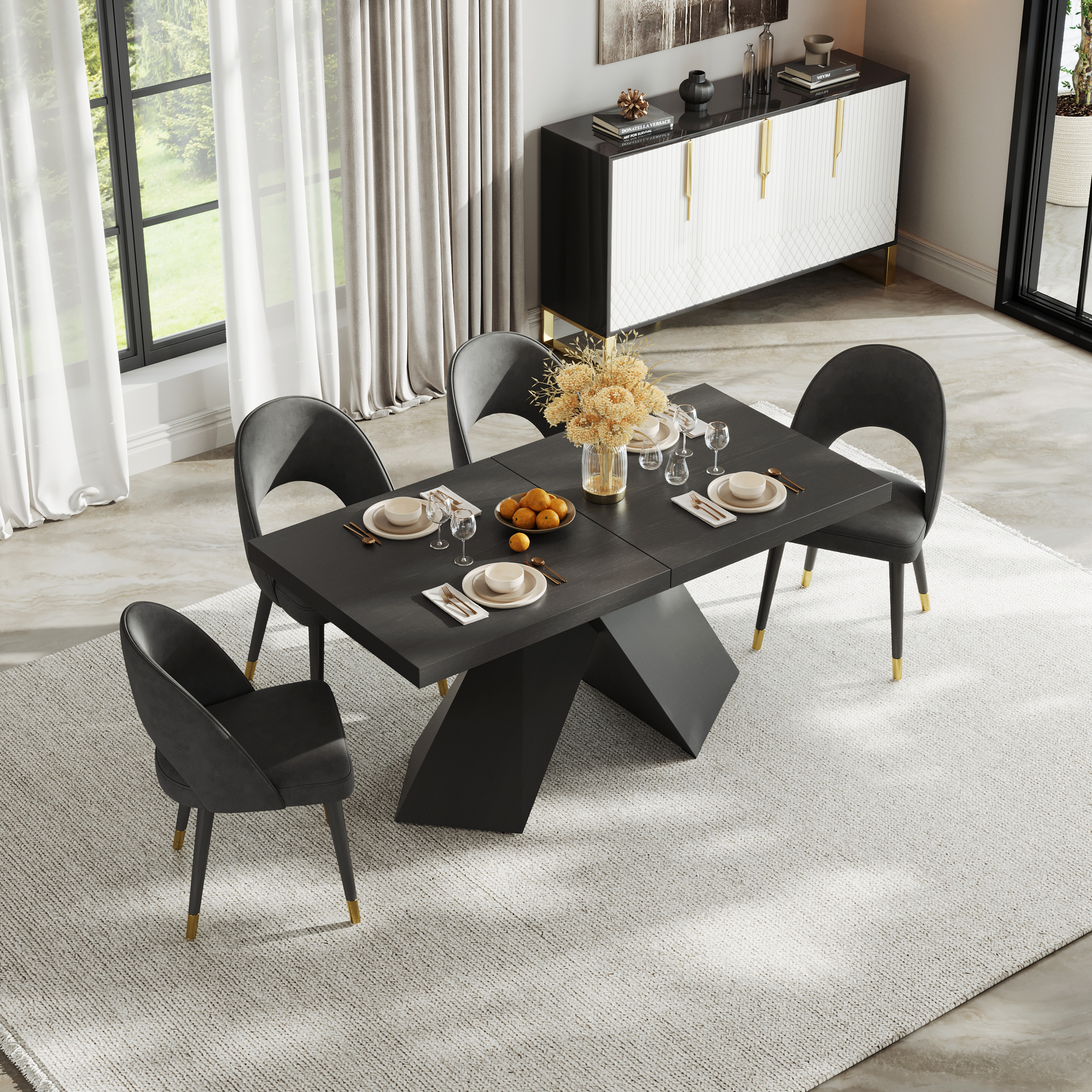 Mesa de comedor extensible de nogal de 1600 mm a 2000 mm y 4 sillas de comedor de ratán Japandi negras