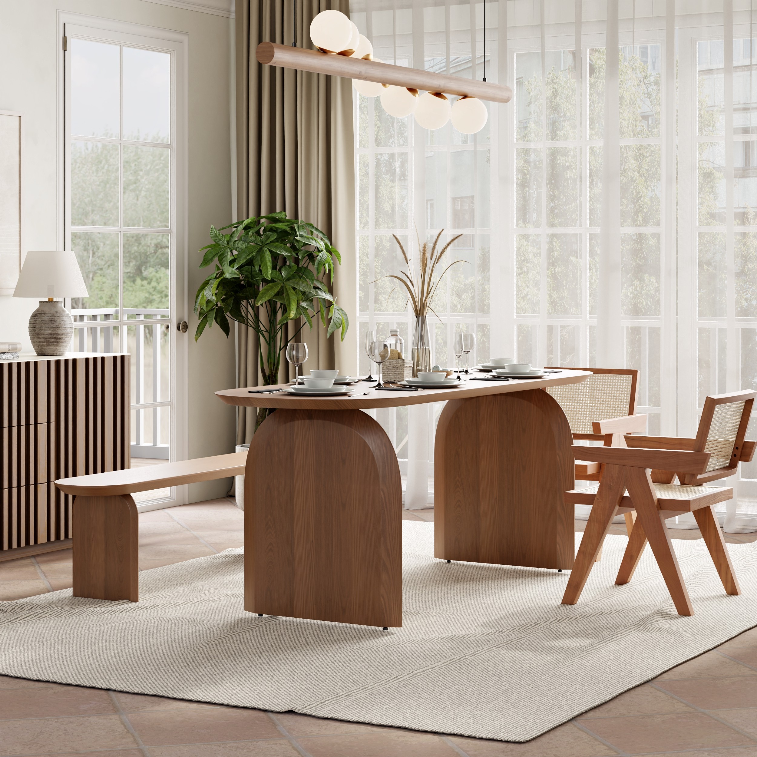78.7" Oval Dining Table Solid Wood for 8 People Japandi Walnut Dining Room Table