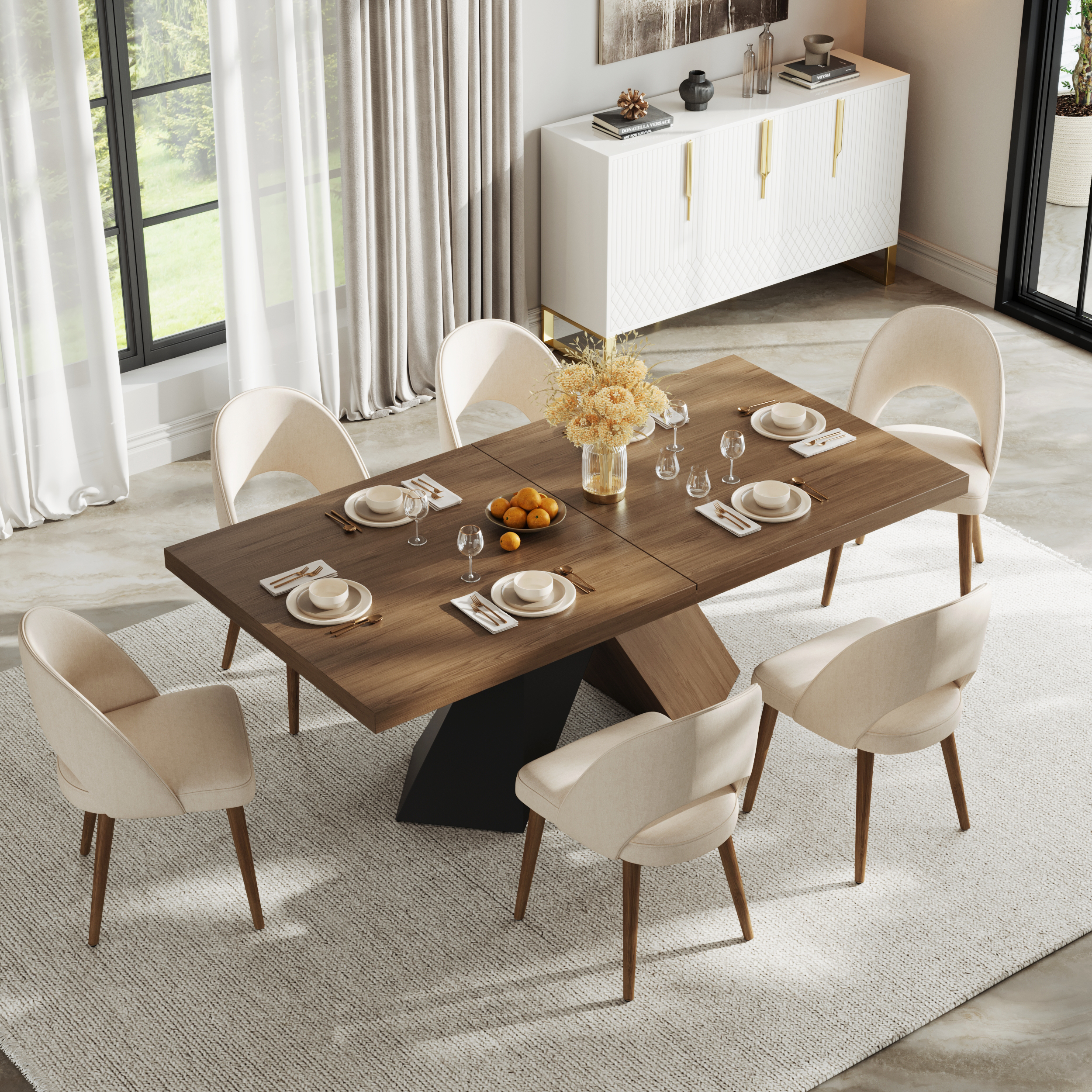 Juego de mesa de comedor y 6 sillas de comedor de nogal de 1600 mm a 2000 mm